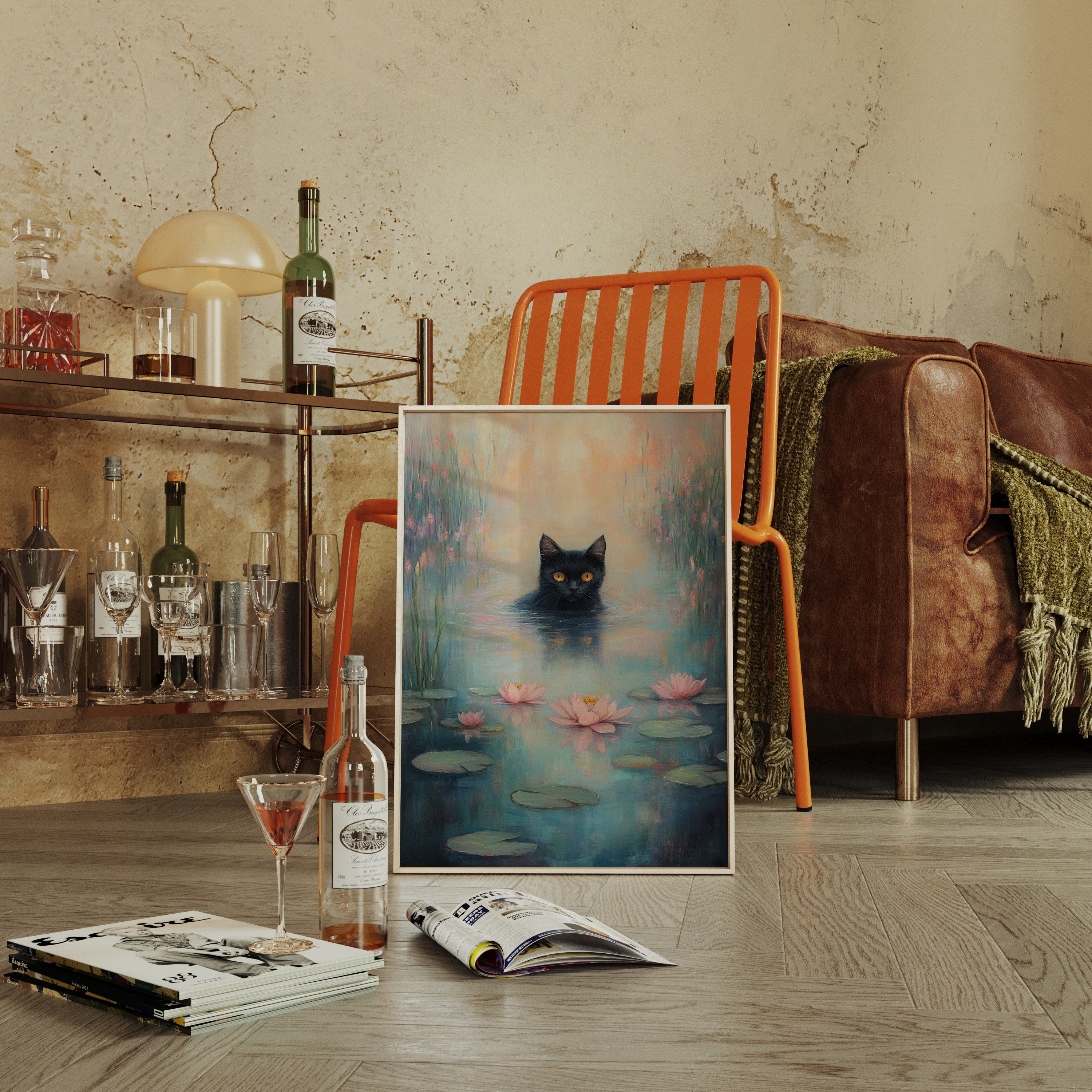 Mystical Black Cat in Water – Dreamy Water Lily Painting