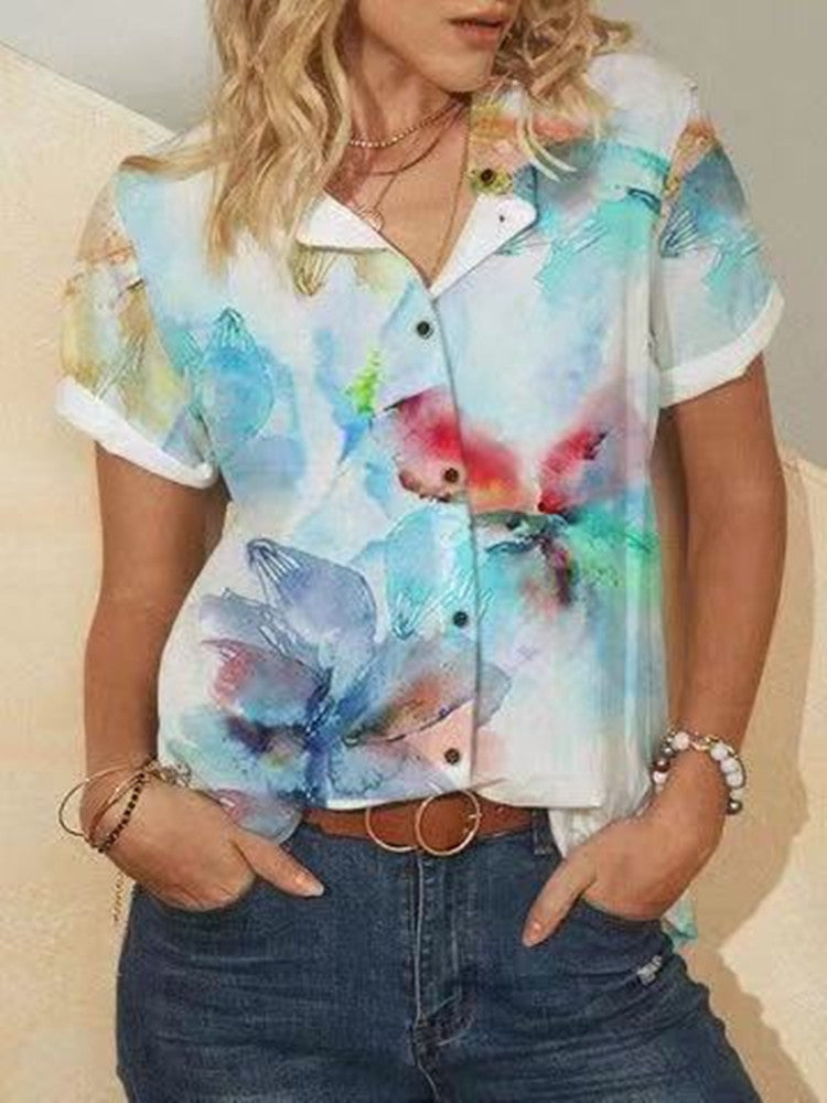 Digital Print Short Sleeve Stand Collar Shirt – Blue & Purple