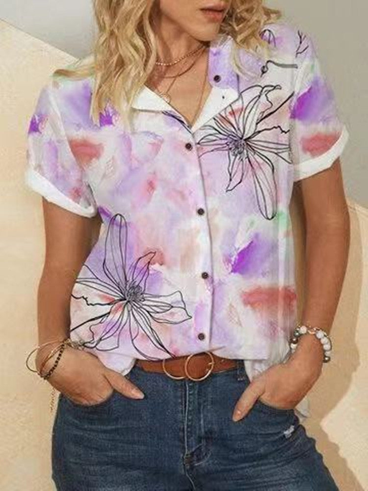 Digital Print Short Sleeve Stand Collar Shirt – Blue & Purple