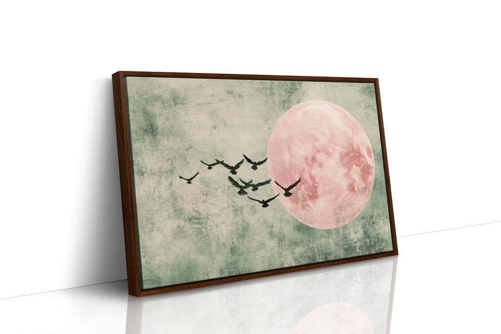 Pink Moon Wall Art – Minimalist Birds in Flight Print