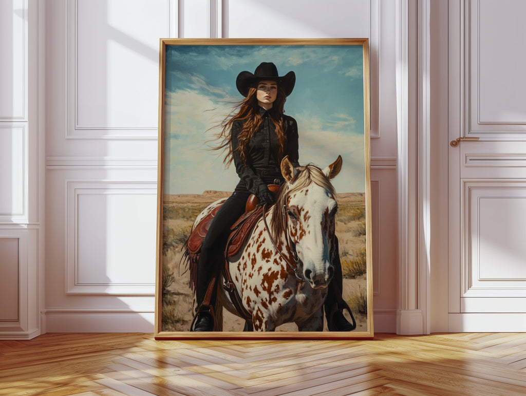Desert Reins – Cowgirl on Paint Horse Portrait