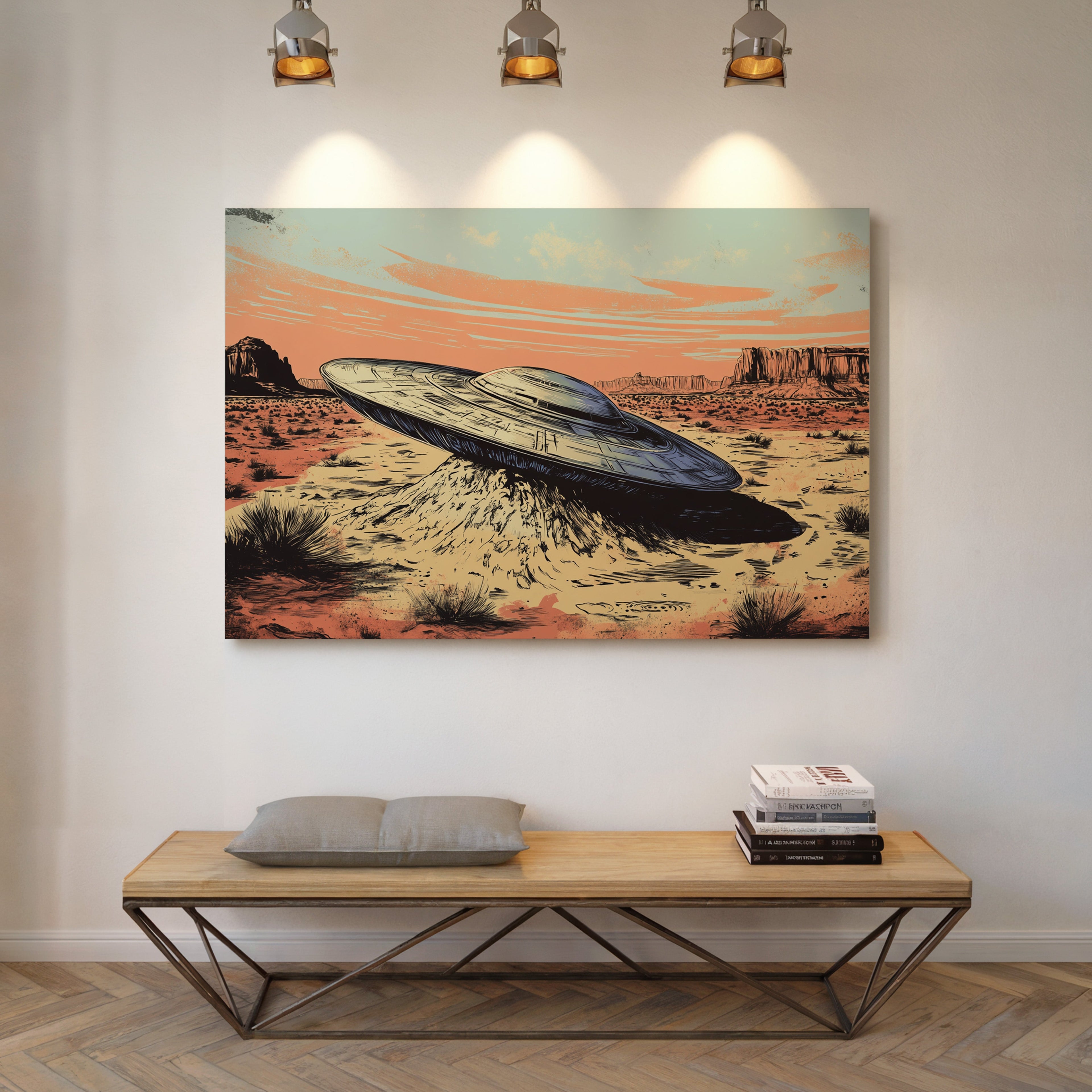 Desert Landing: UFO Shadows and Distant Skies