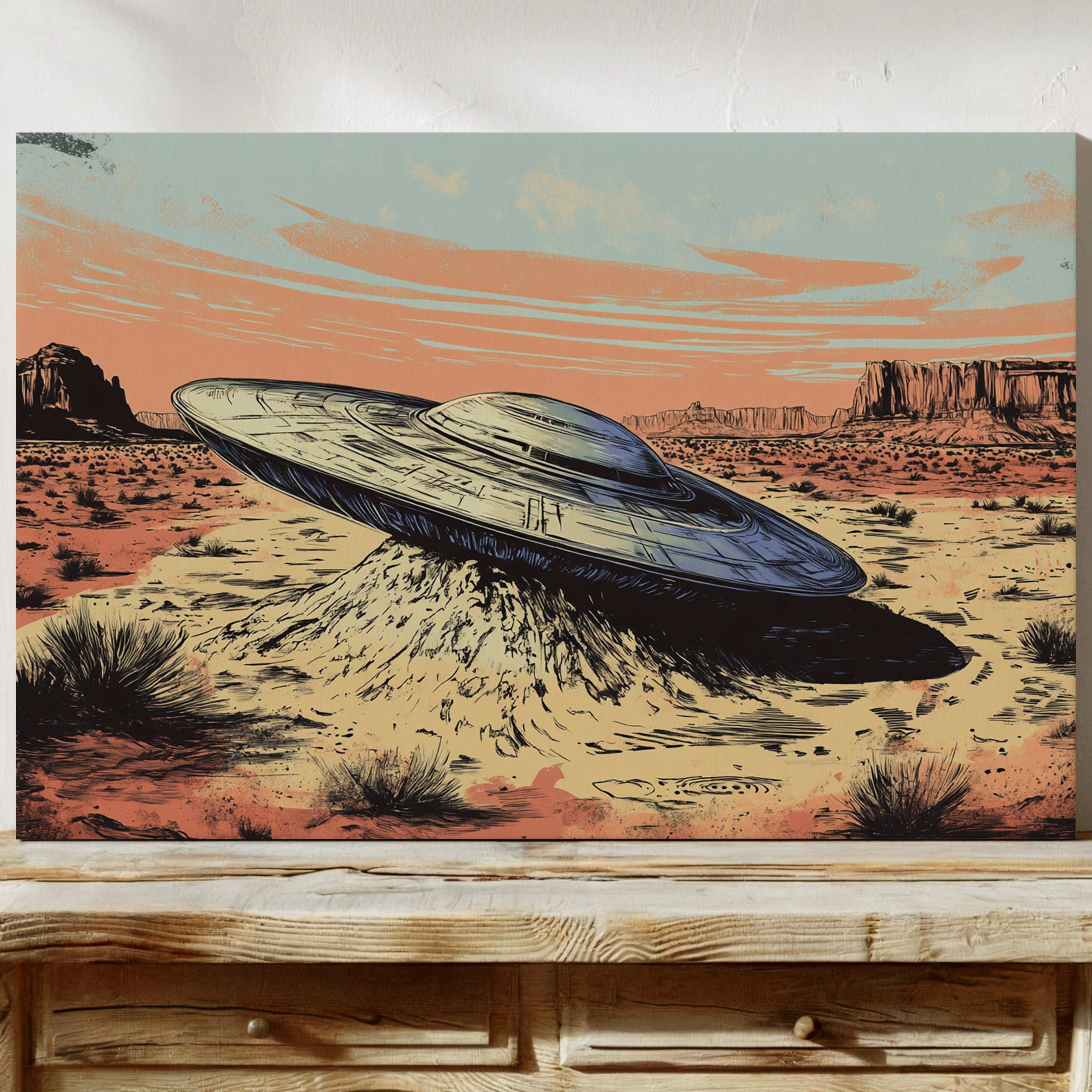 Desert Landing: UFO Shadows and Distant Skies