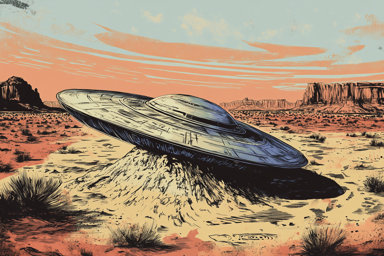 Desert Landing: UFO Shadows and Distant Skies