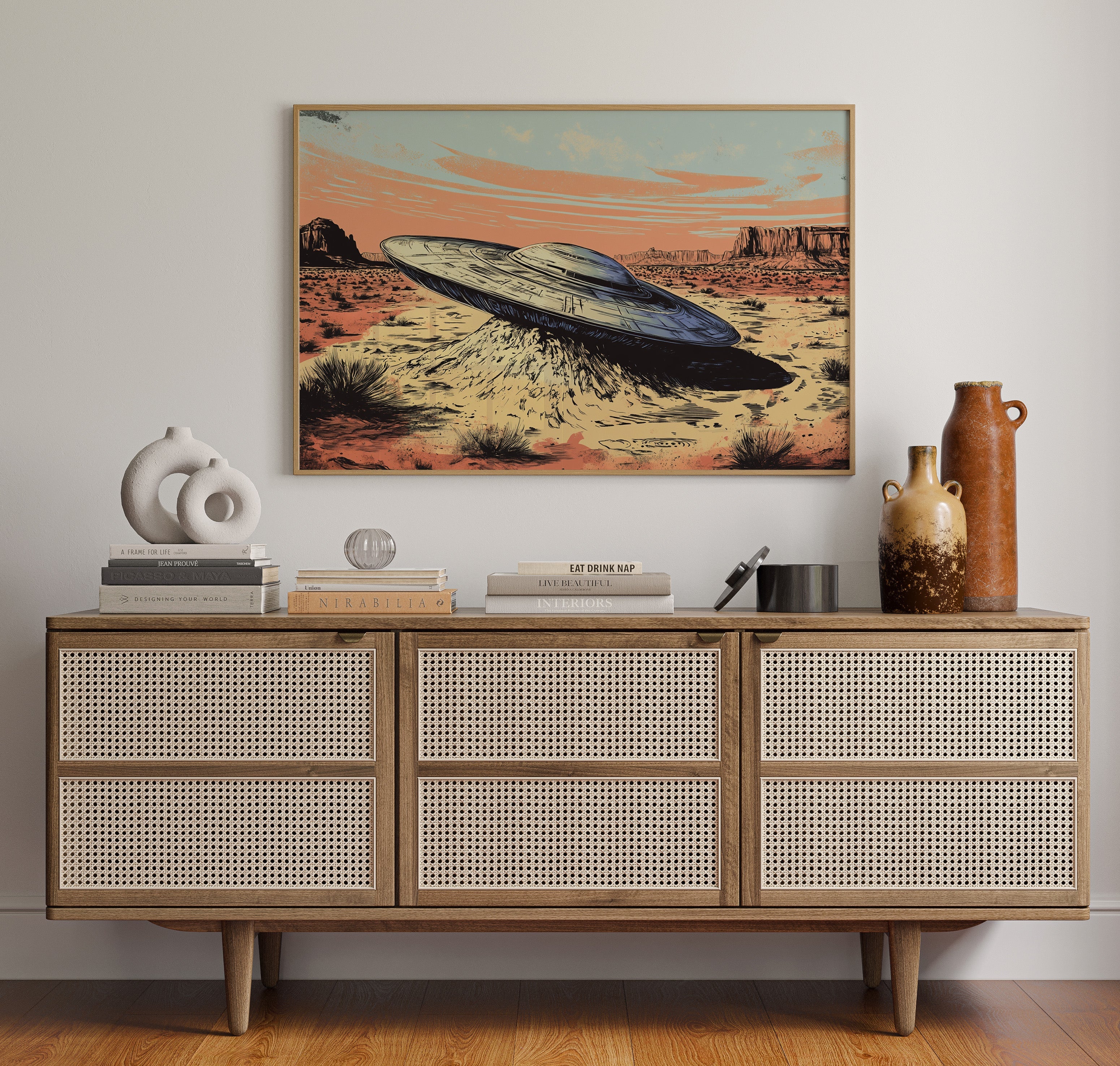 Desert Landing: UFO Shadows and Distant Skies