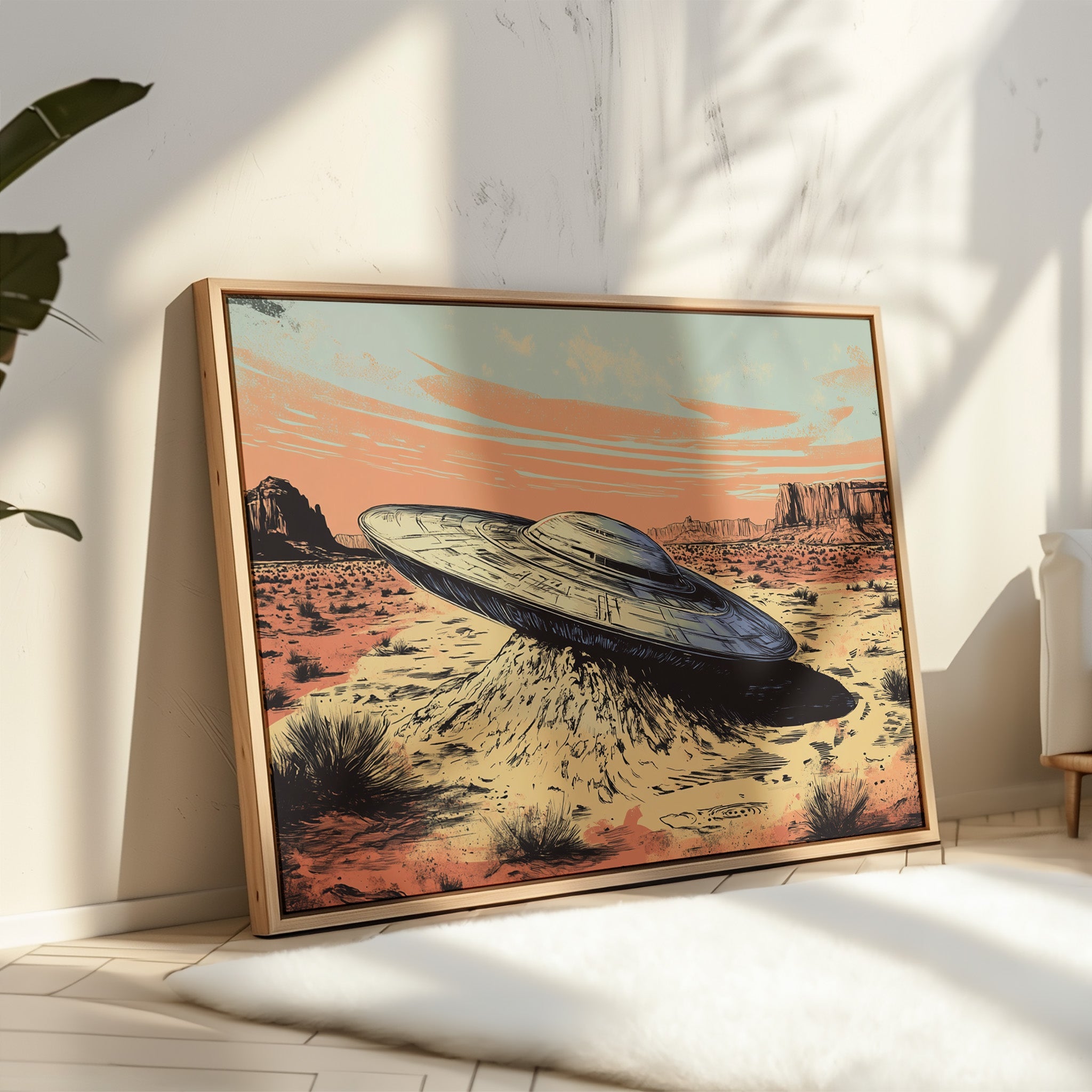Desert Landing: UFO Shadows and Distant Skies