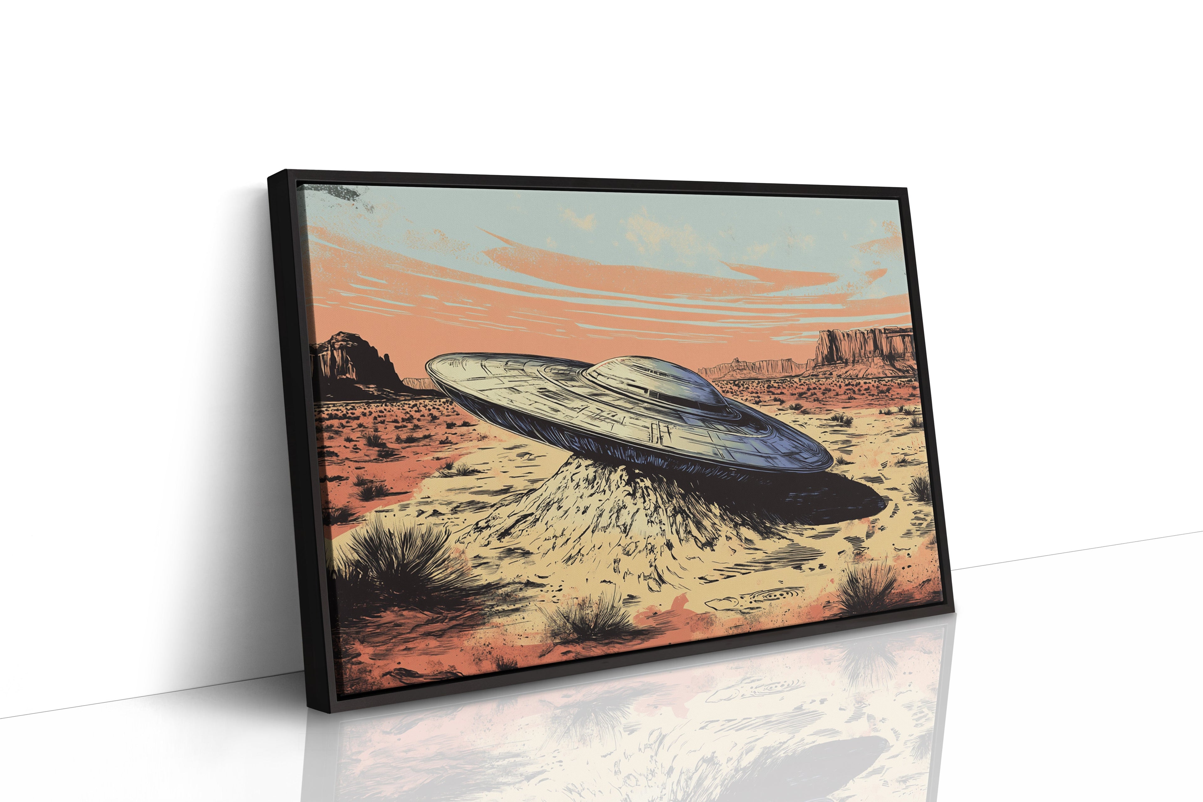 Desert Landing: UFO Shadows and Distant Skies