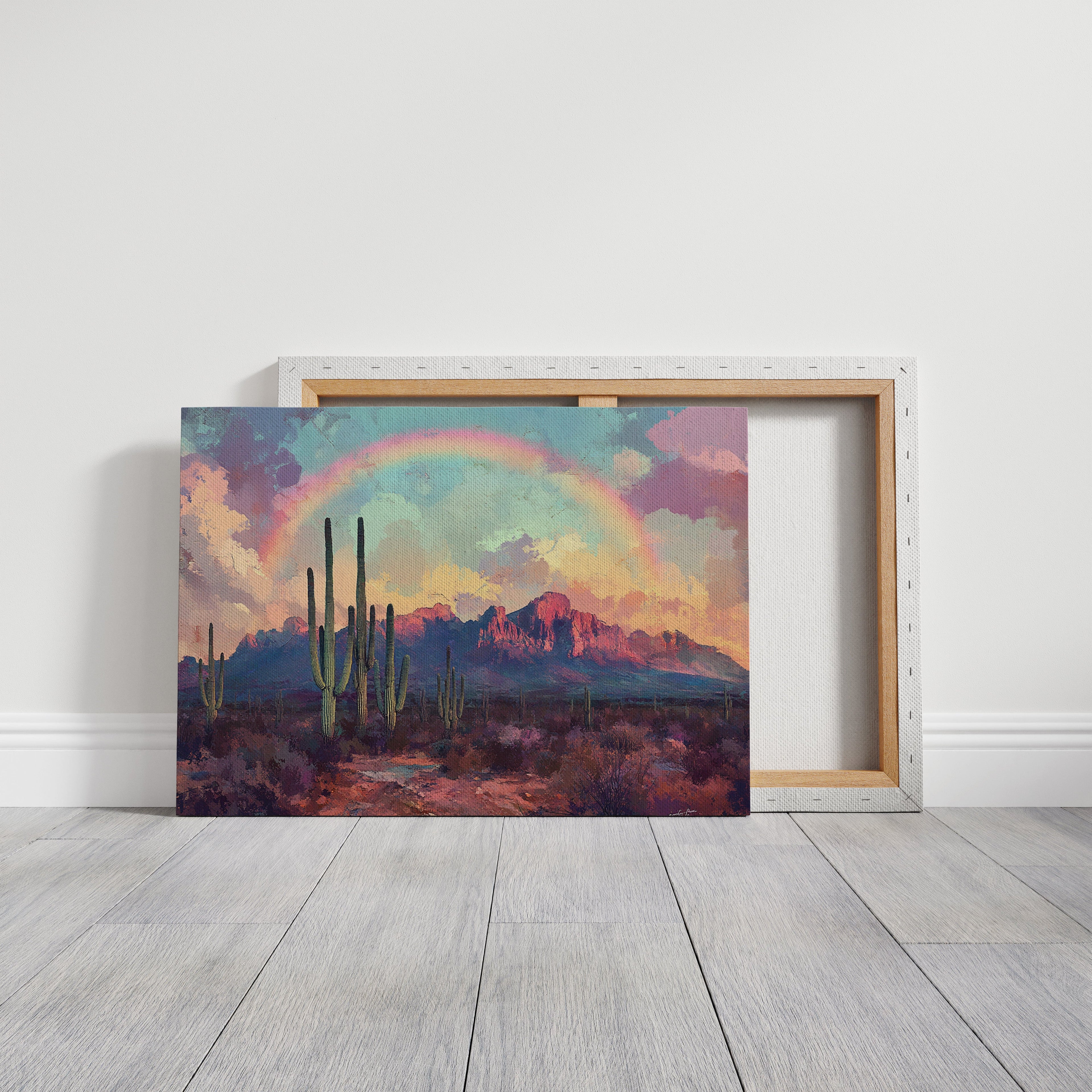 Cactus Rainbow Desert Print – Boho Southwest Canvas Art