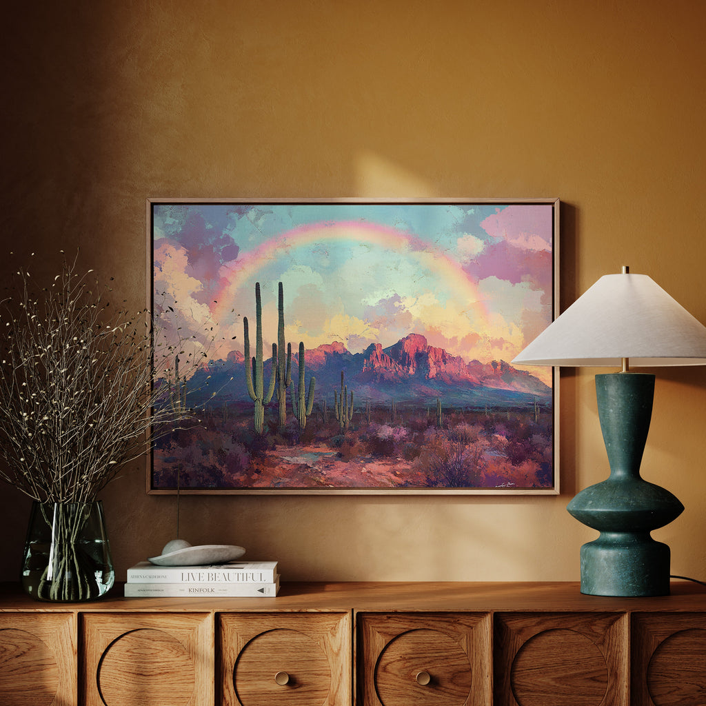 Cactus Rainbow Desert Print – Boho Southwest Canvas Art