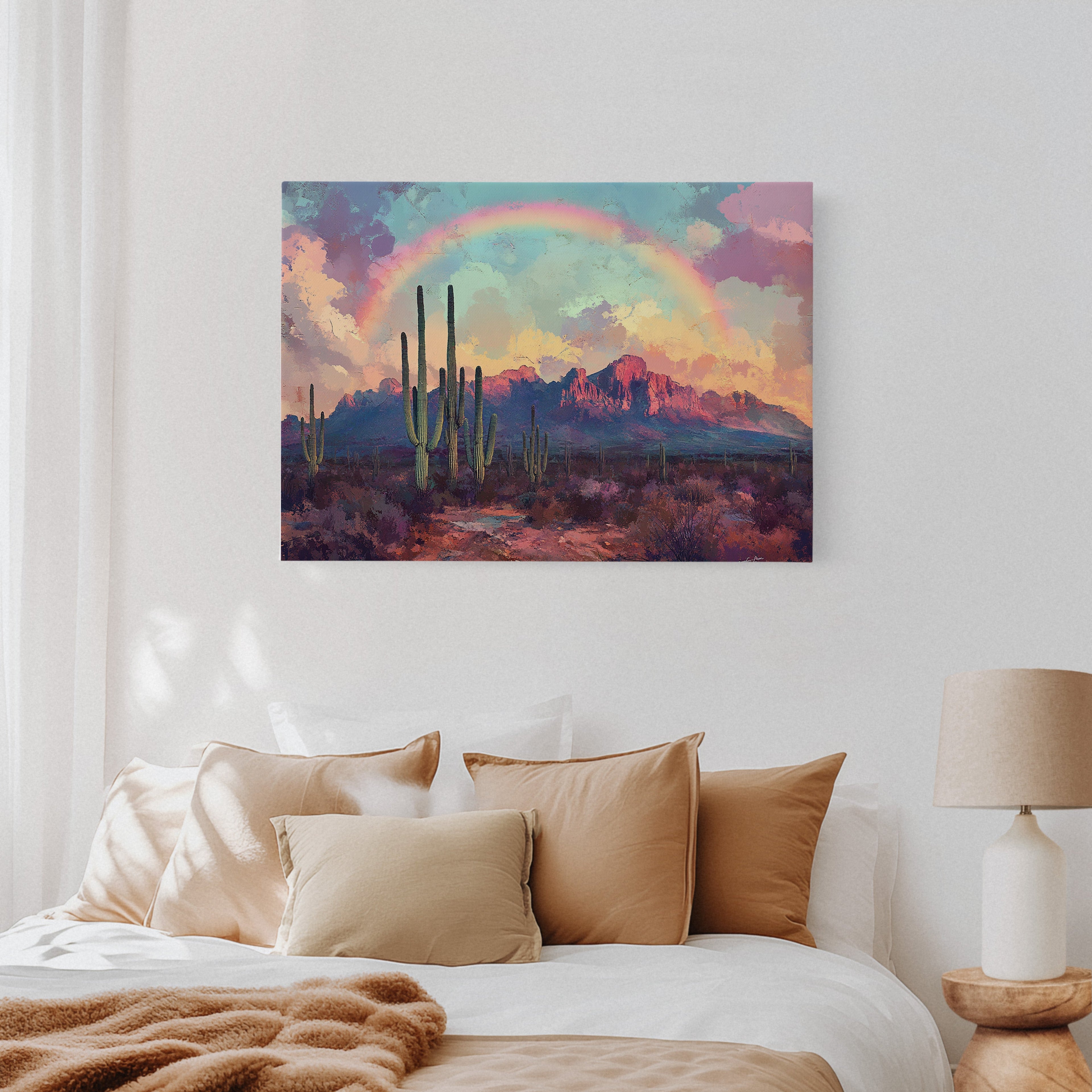 Cactus Rainbow Desert Print – Boho Southwest Canvas Art