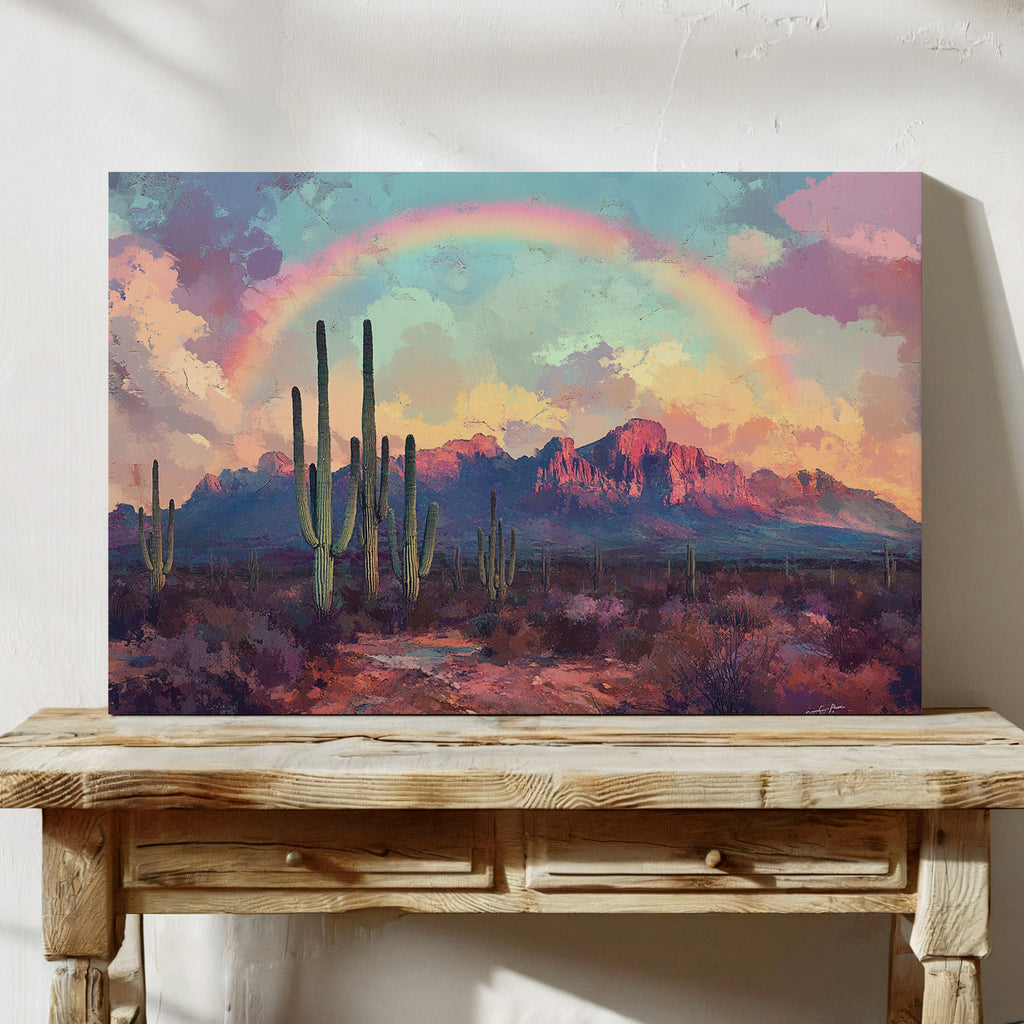 Cactus Rainbow Desert Print – Boho Southwest Canvas Art