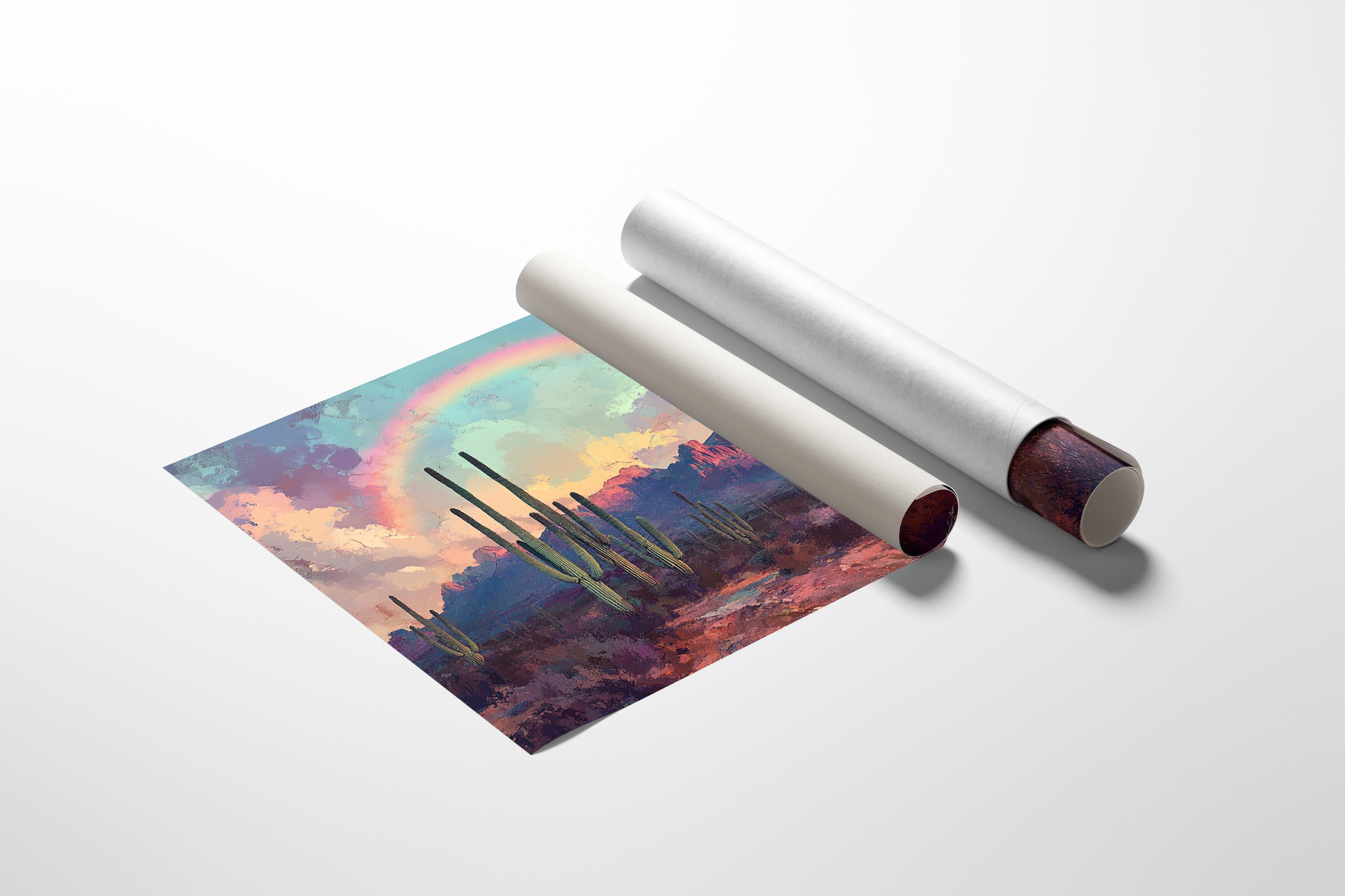 Cactus Rainbow Desert Print – Boho Southwest Canvas Art