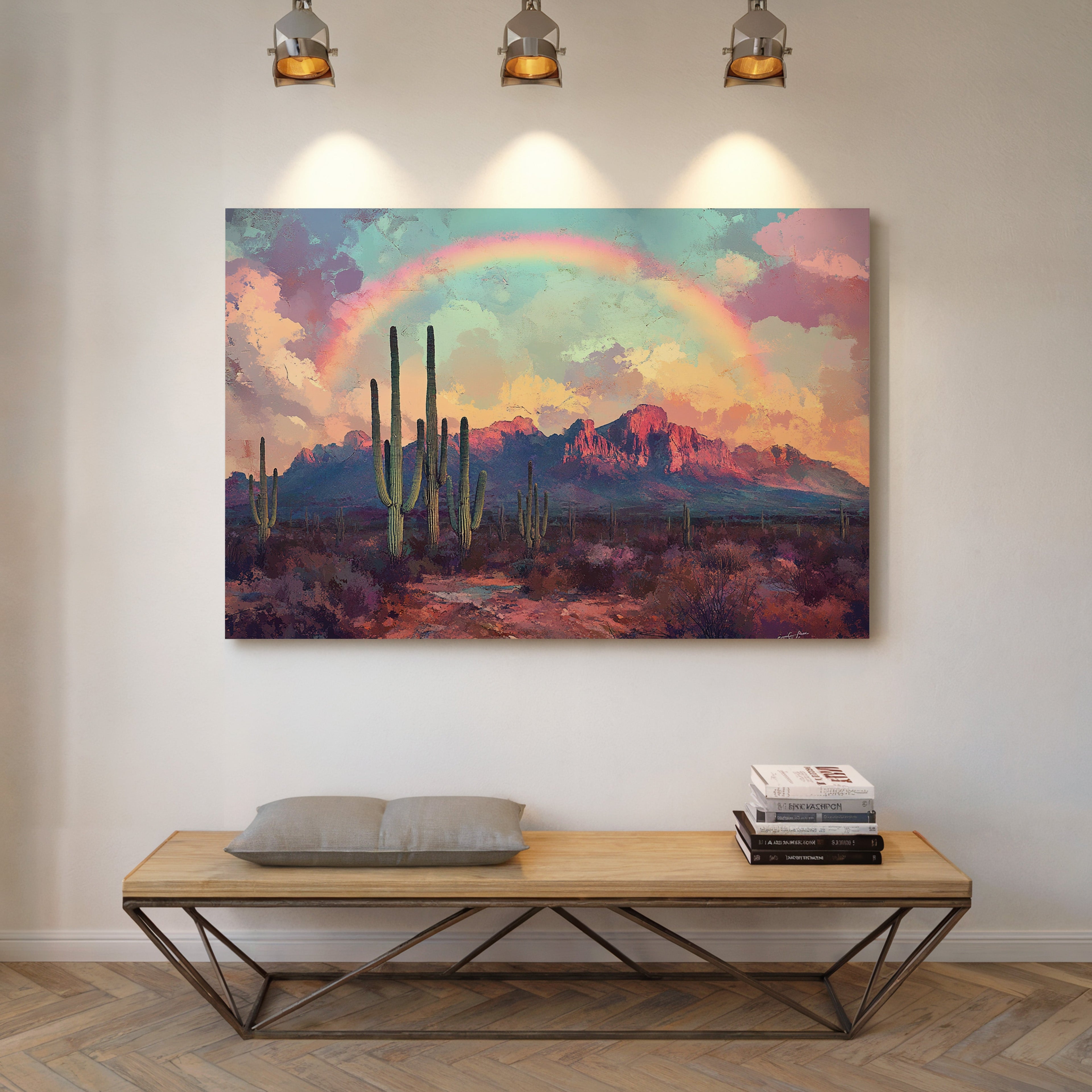 Cactus Rainbow Desert Print – Boho Southwest Canvas Art