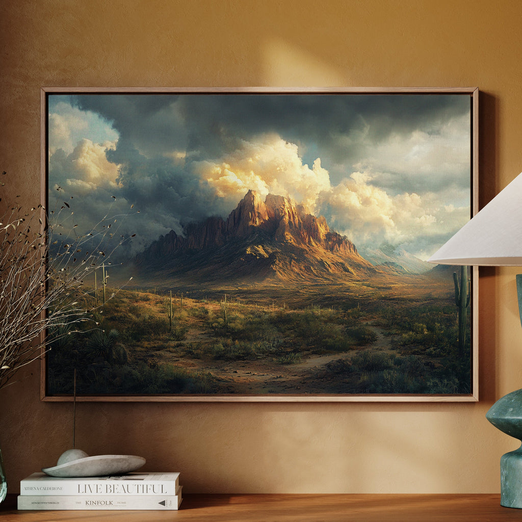Stormy Desert Mountain Canvas – Moody Western Landscape Wall Art