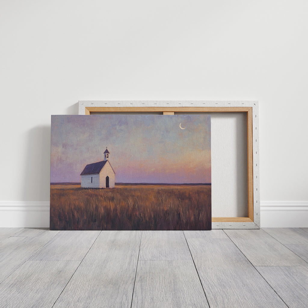 Prairie Moon Chapel Canvas – Minimalist Country Church Wall Art