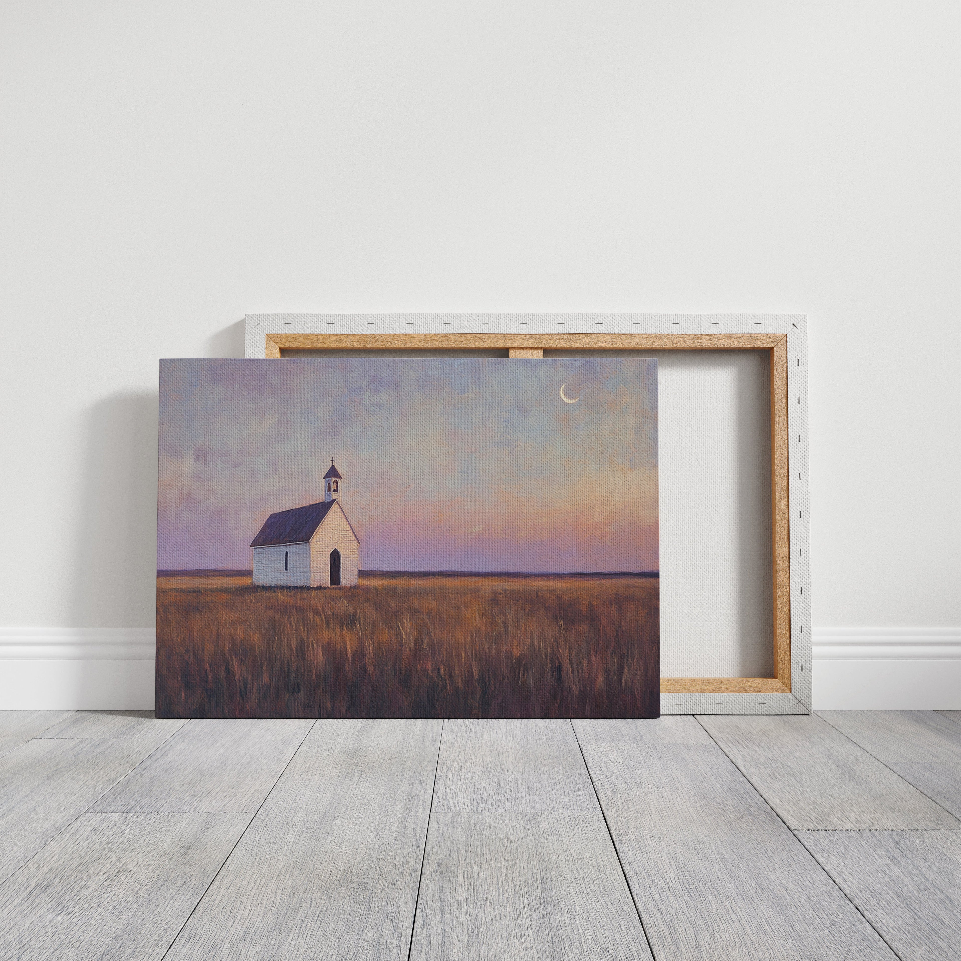 Prairie Moon Chapel Canvas – Minimalist Country Church Wall Art
