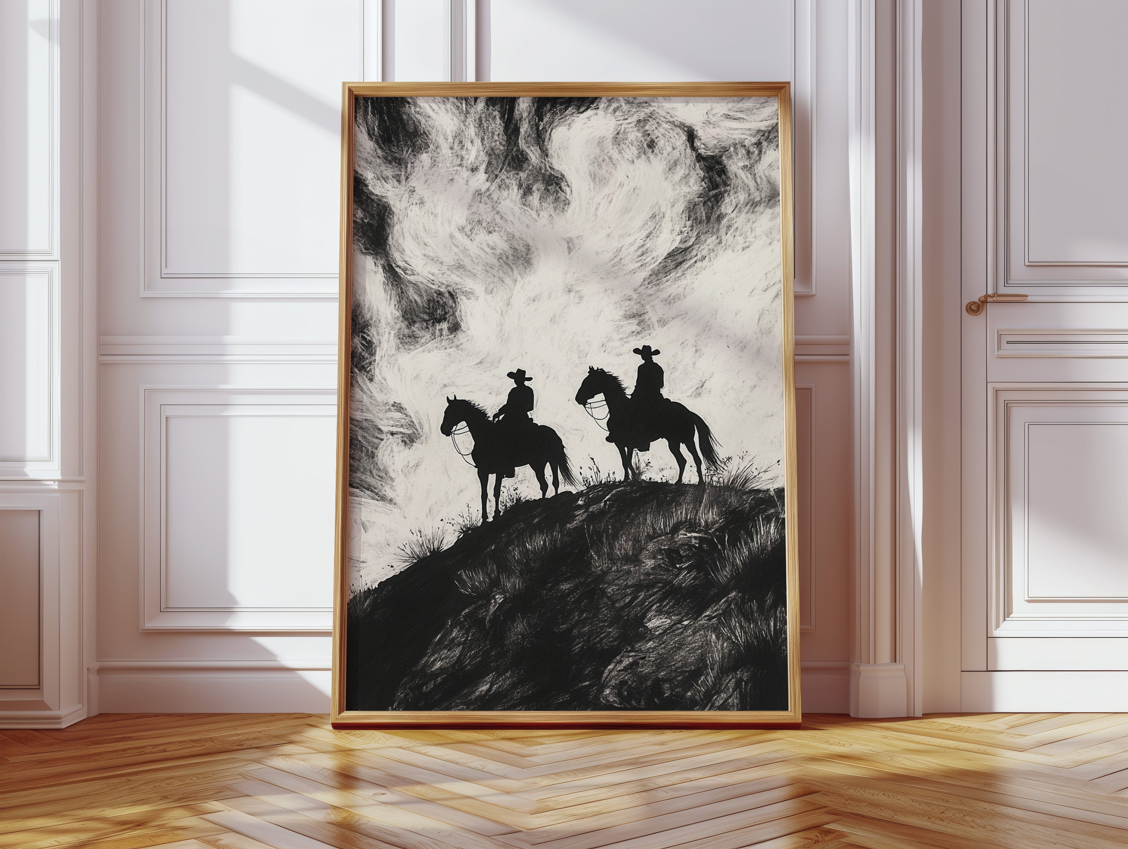 Cowboy Ridge Silhouette Print – Western Horseback Wall Art