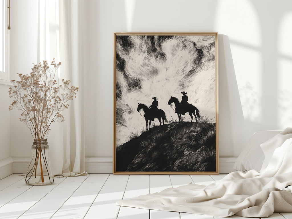 Cowboy Ridge Silhouette Print – Western Horseback Wall Art