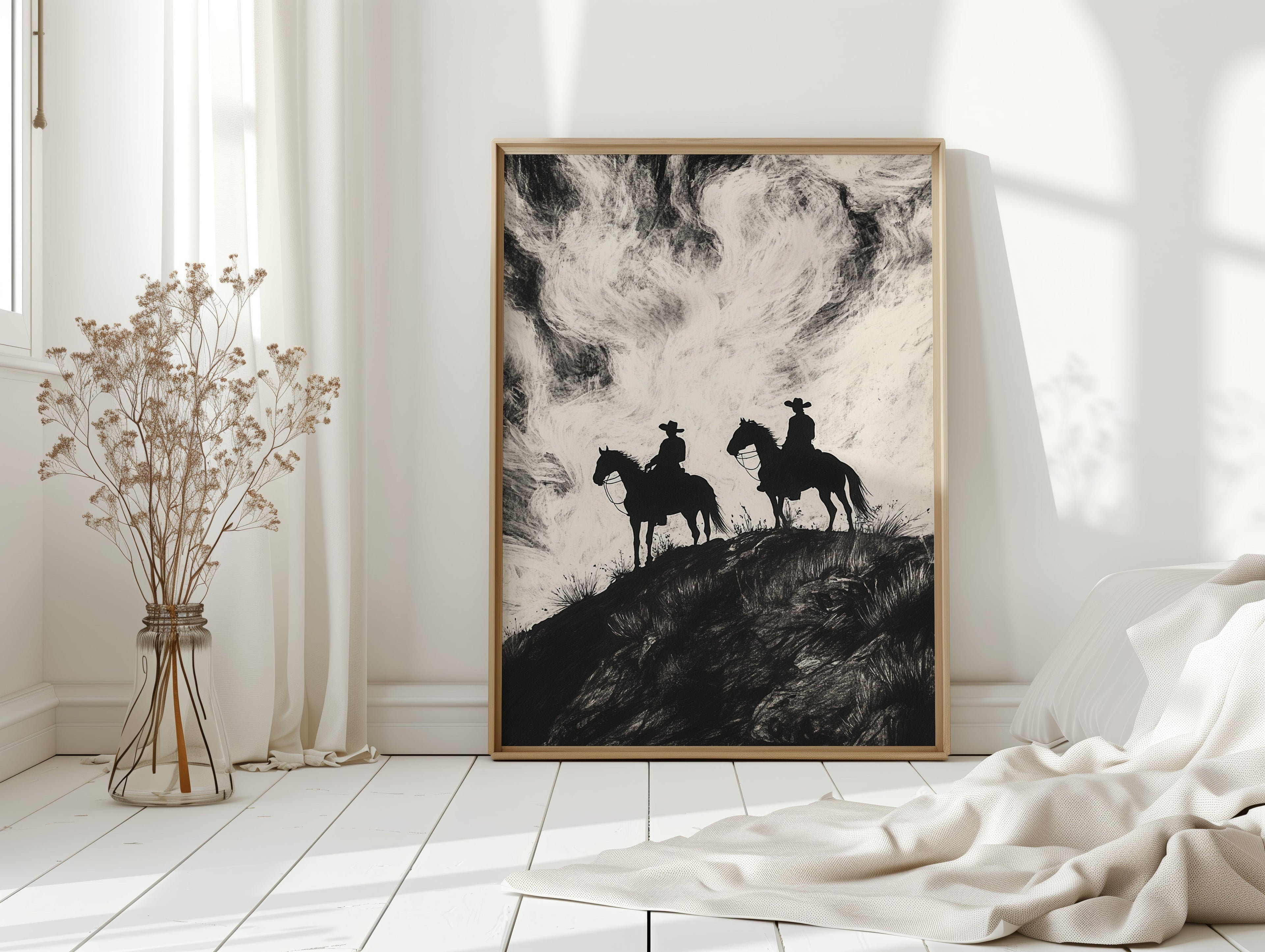 Cowboy Ridge Silhouette Print – Western Horseback Wall Art