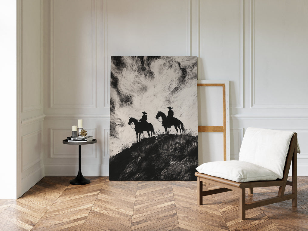 Cowboy Ridge Silhouette Print – Western Horseback Wall Art