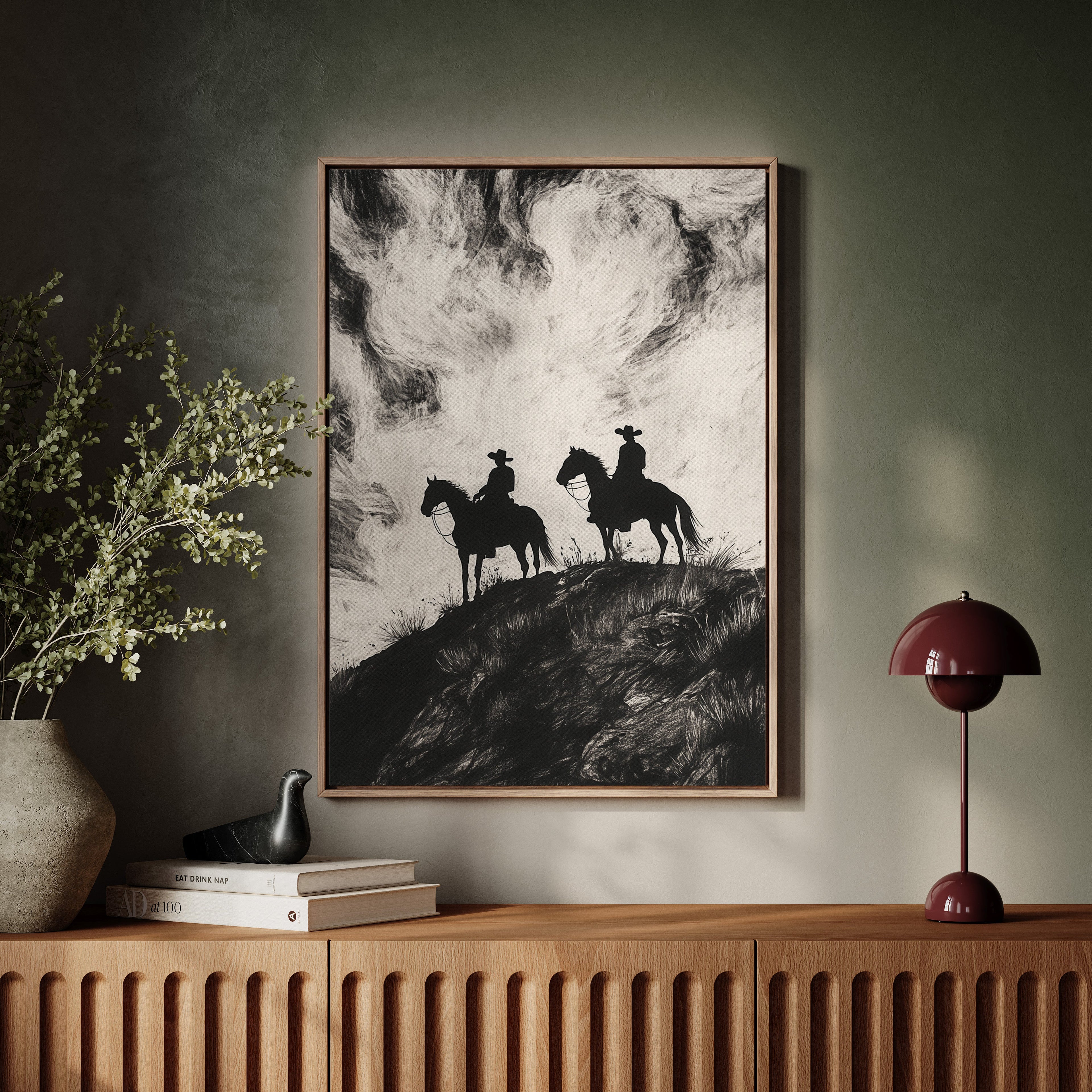 Cowboy Ridge Silhouette Print – Western Horseback Wall Art