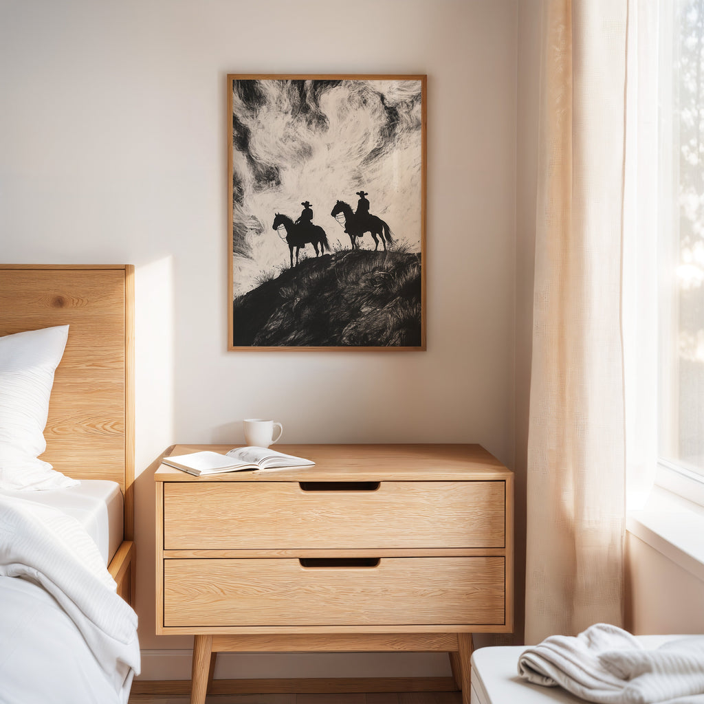 Cowboy Ridge Silhouette Print – Western Horseback Wall Art