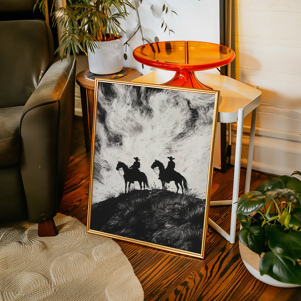 Cowboy Ridge Silhouette Print – Western Horseback Wall Art