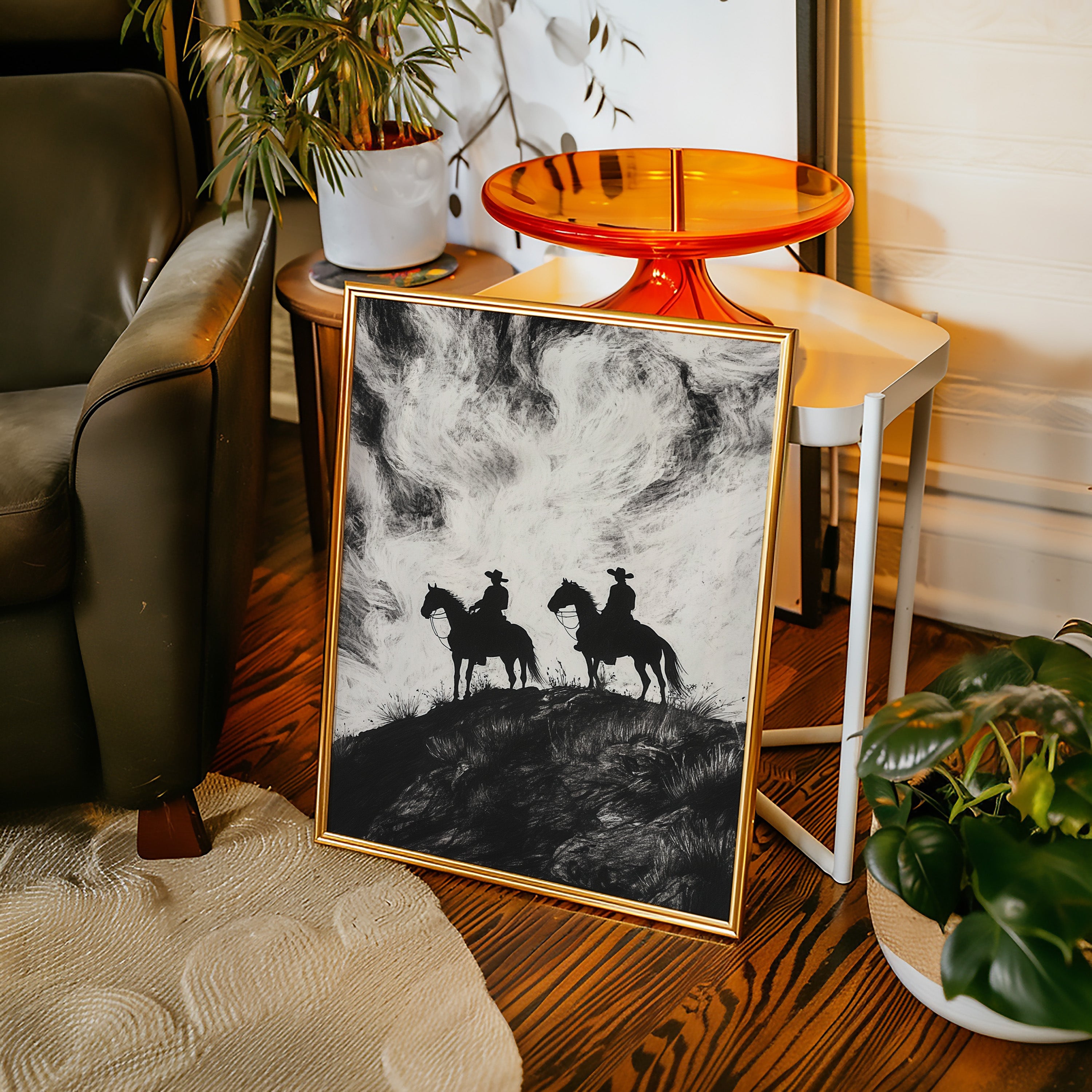 Cowboy Ridge Silhouette Print – Western Horseback Wall Art