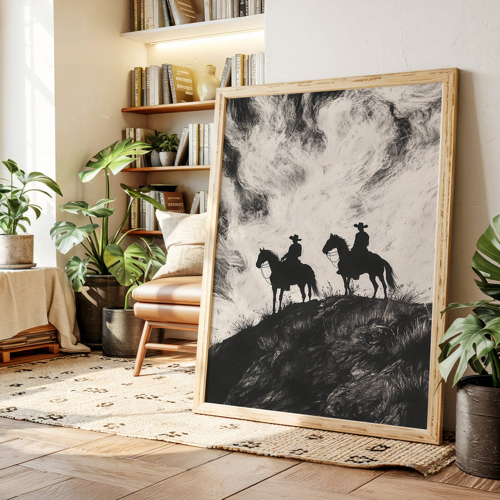 Cowboy Ridge Silhouette Print – Western Horseback Wall Art