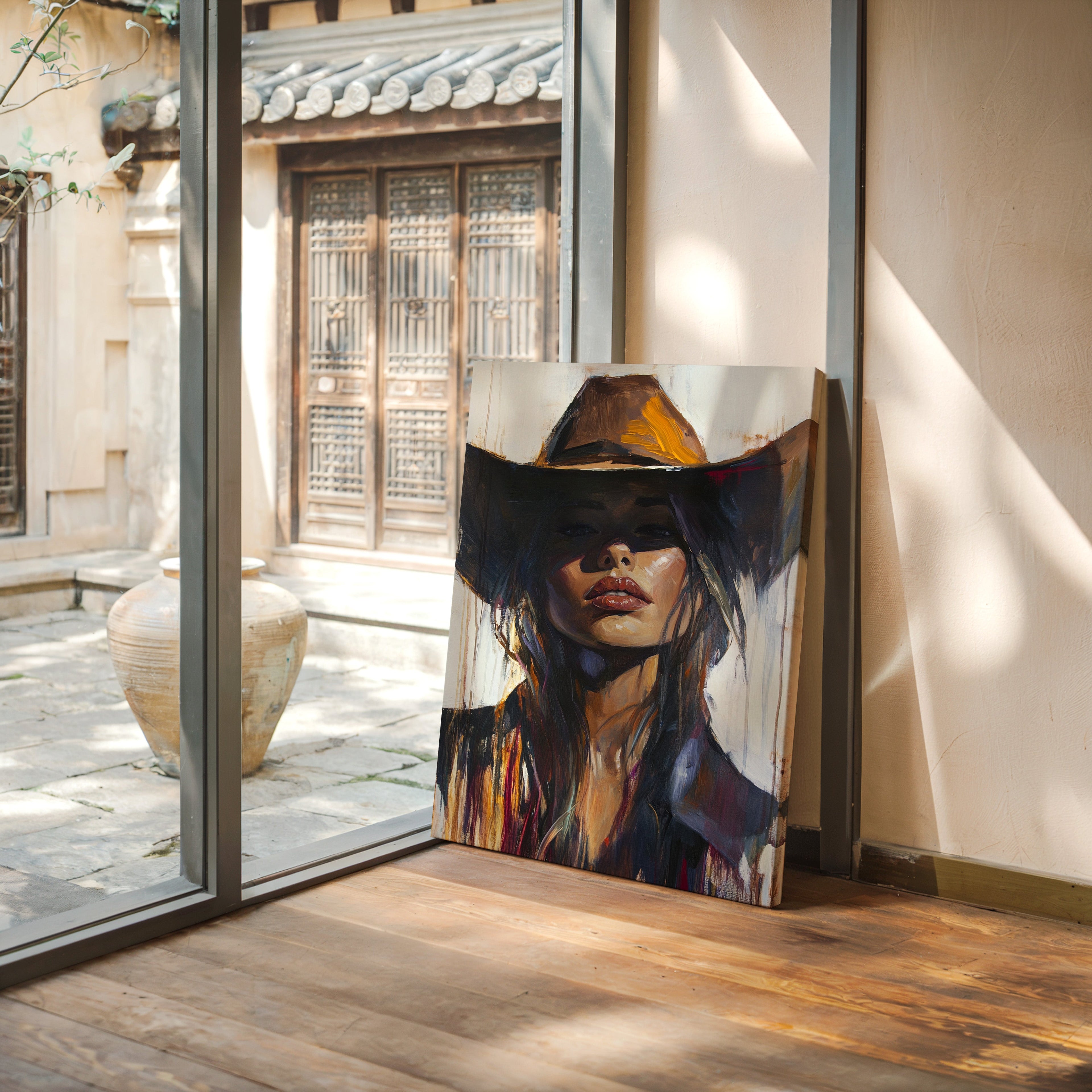Shadowed Cowgirl Canvas – Western Femme Fatale Wall Art