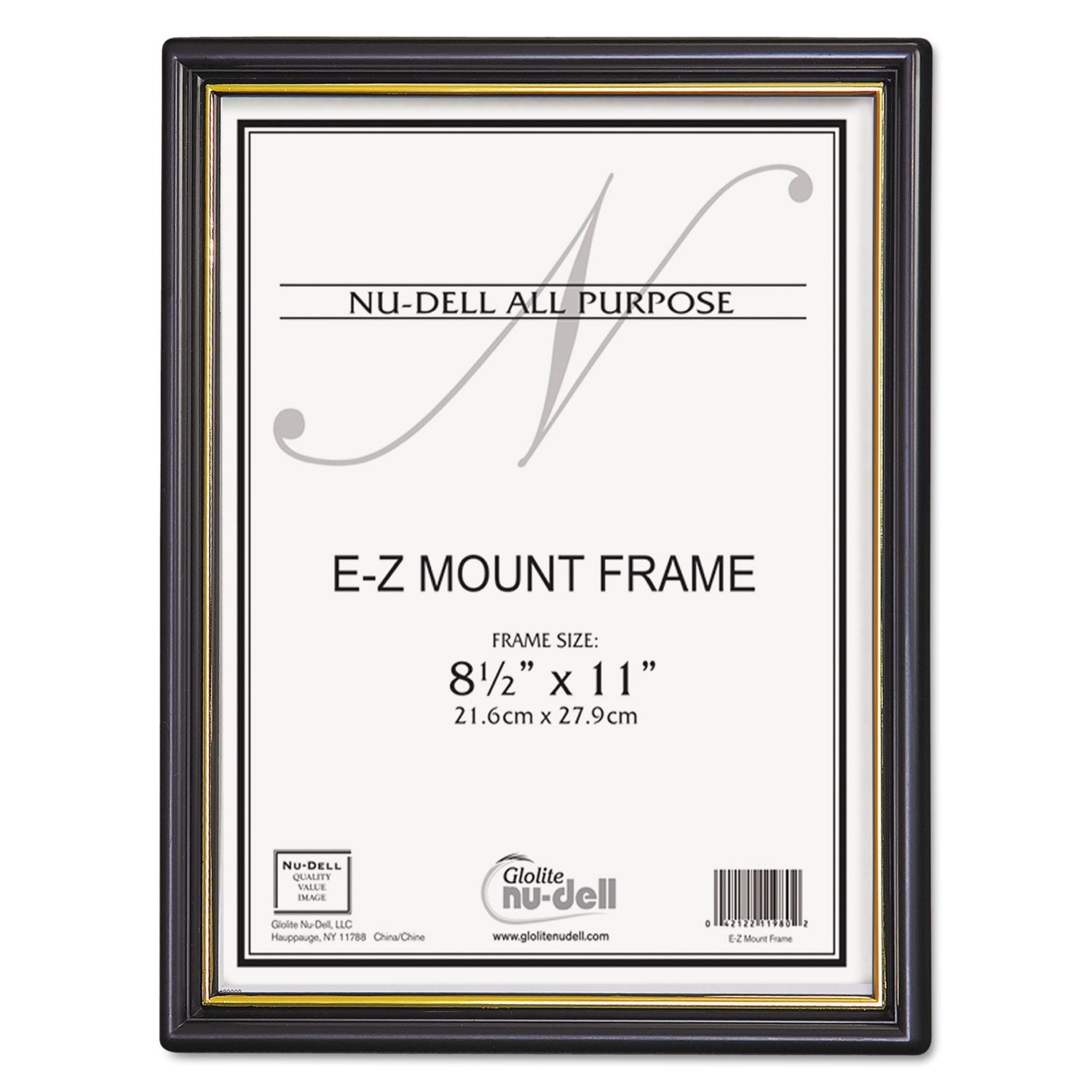 NuDell EZ Mount Document Frame with Trim Accent and Plastic Face, Plastic, 8.5 x 11 Insert, Black/Gold, 18/Carton