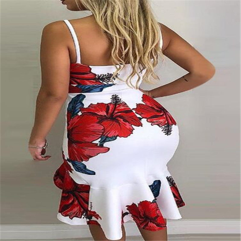 Women's Printed Halter Irregular Midi Dress