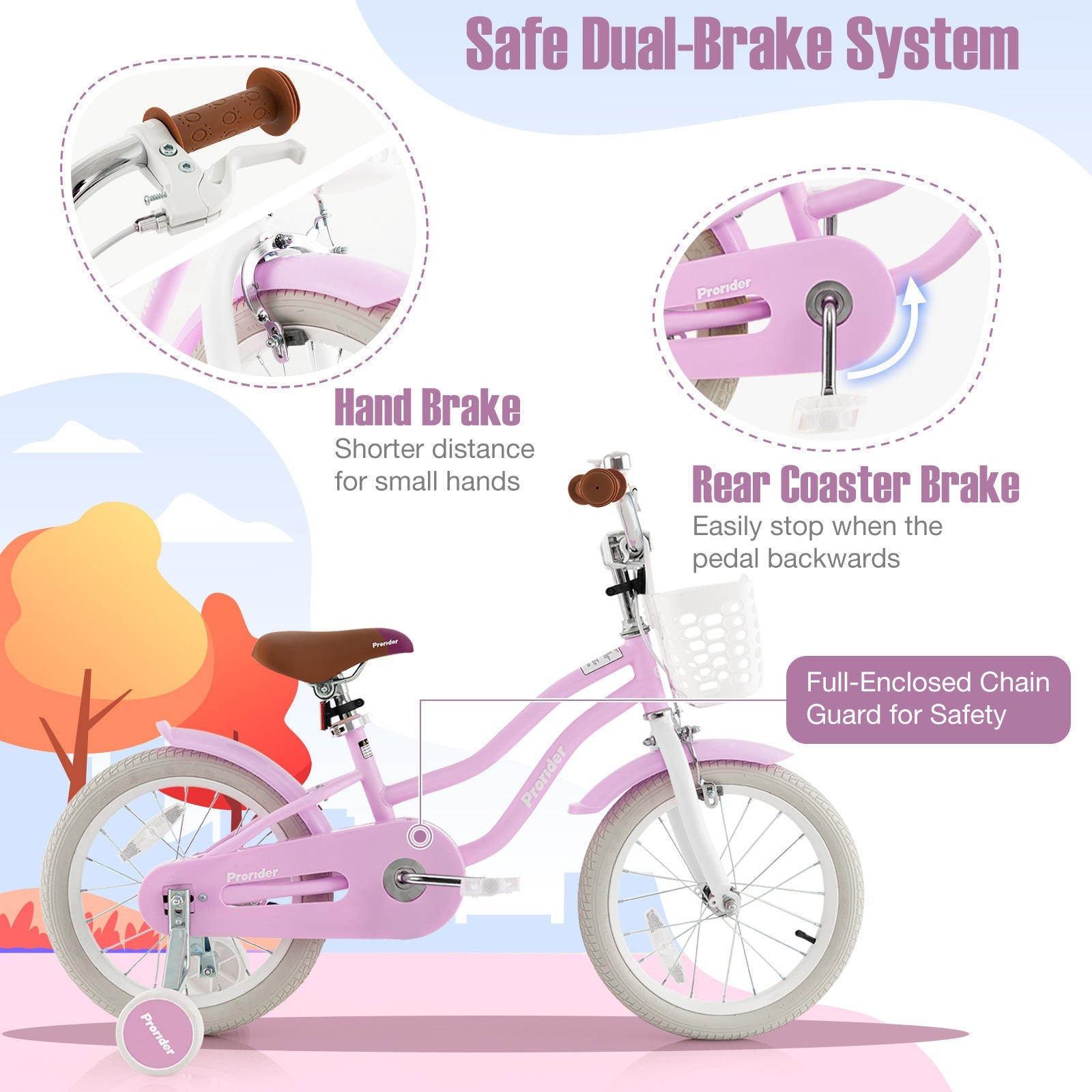 Children Bicycle with Front Handbrake and Rear Coaster Brake-Purple
