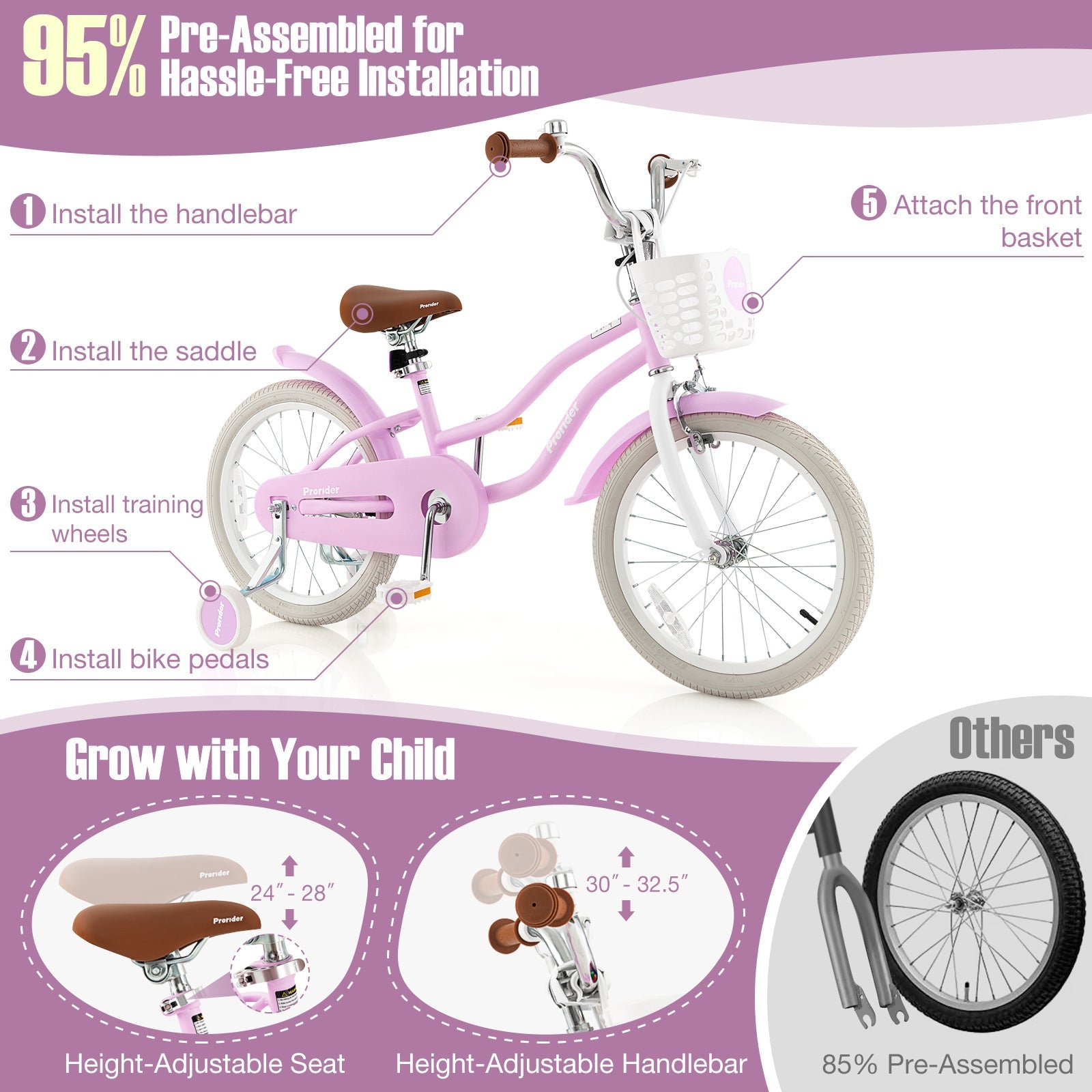 Children Bicycle with Front Handbrake and Rear Coaster Brake-Purple