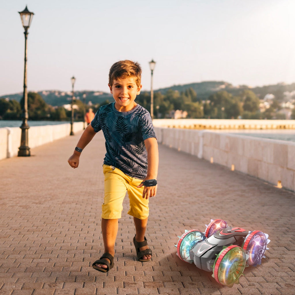 2 In 1 Amphibious RC Car Waterproof Stunt Car with Wrist Controller 4WD 360¡ Rotating Gesture Car with RGB Lights for Kids Aged 6+ Years Old Double-si