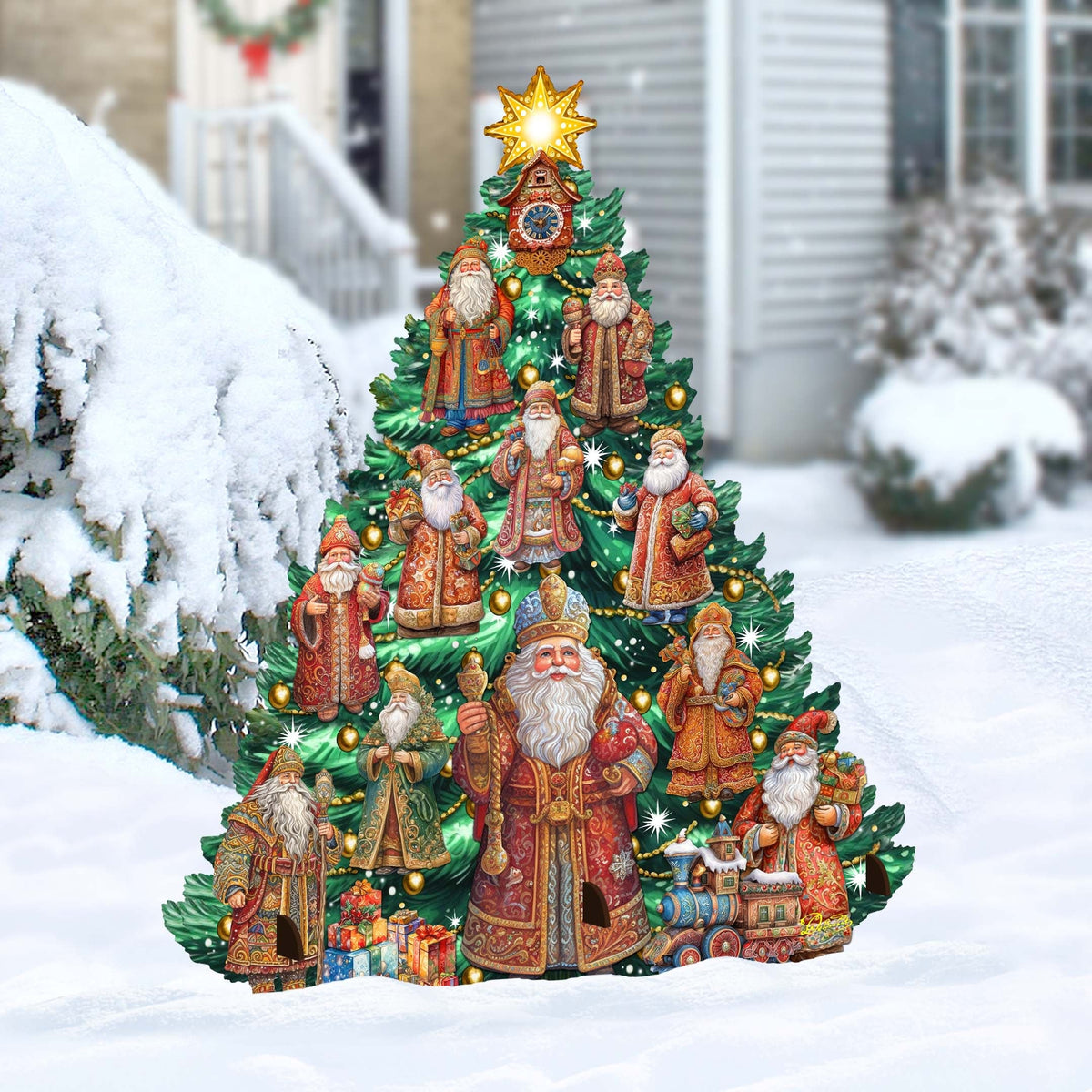 Santa-Themed Christmas Tree Outdoor Indoor Decor Wooden Christmas Decoration by G. Debrekht Christmas Decor - 8191517F