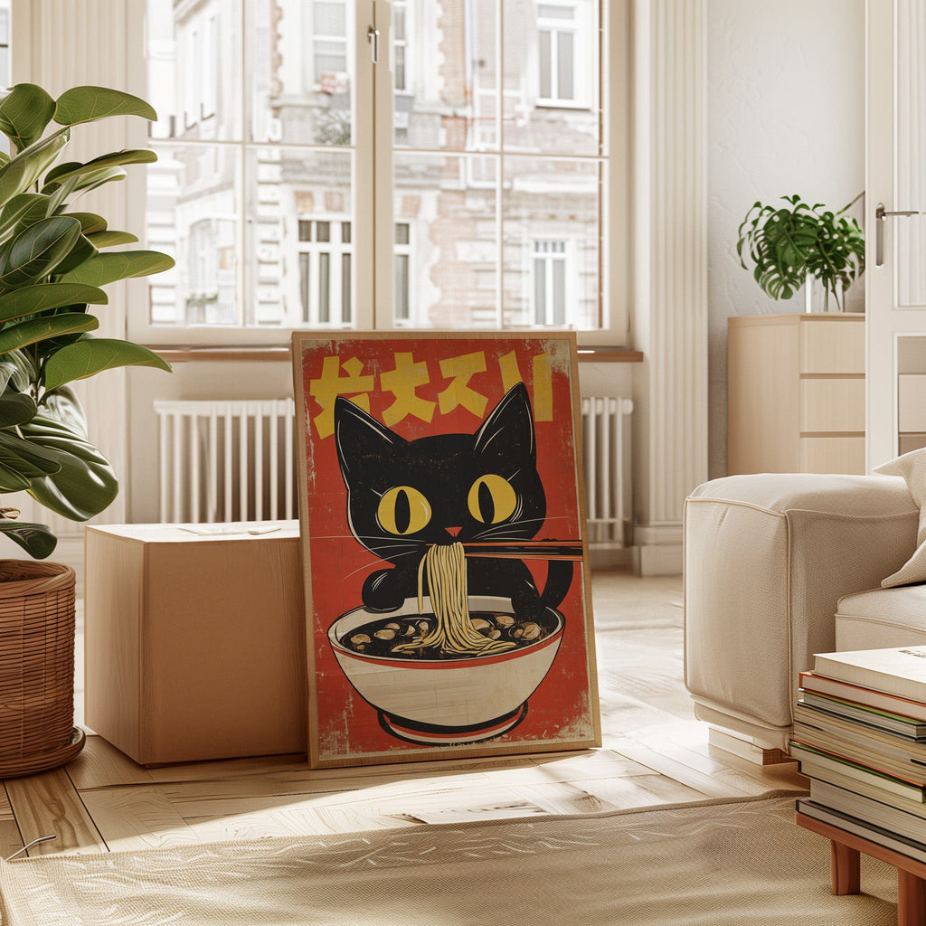 Retro Ramen Cat Poster – Japanese-Inspired Noodle Lover Wall Art
