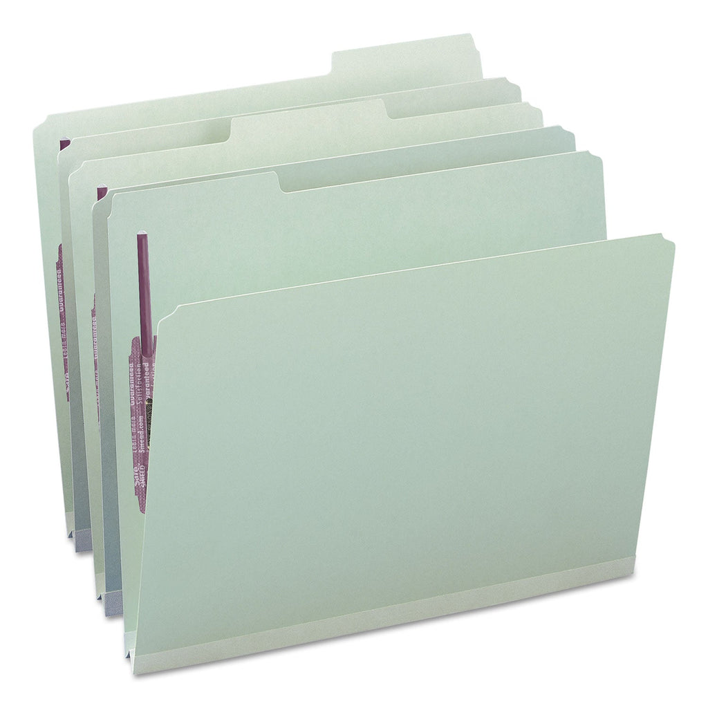 Smead Recycled Pressboard Folders with Two SafeSHIELD Coated Fasteners, 1" Expansion, 1/3-Cut Tab, Letter Size, Gray-Green, 25/Box
