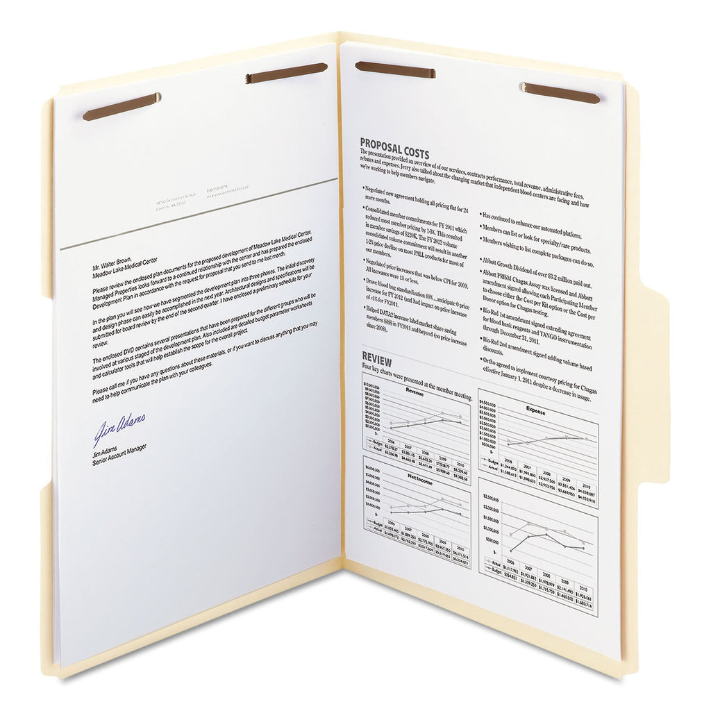 Smead SuperTab Reinforced Guide Height Fastener Folders, 2 Fasteners, Legal Size, 11-pt Manila Exterior, 50/Box