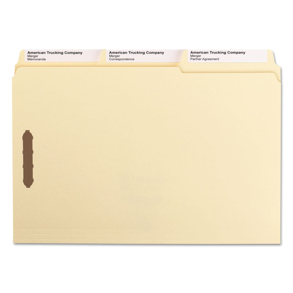 Smead SuperTab Reinforced Guide Height Fastener Folders, 2 Fasteners, Legal Size, 11-pt Manila Exterior, 50/Box