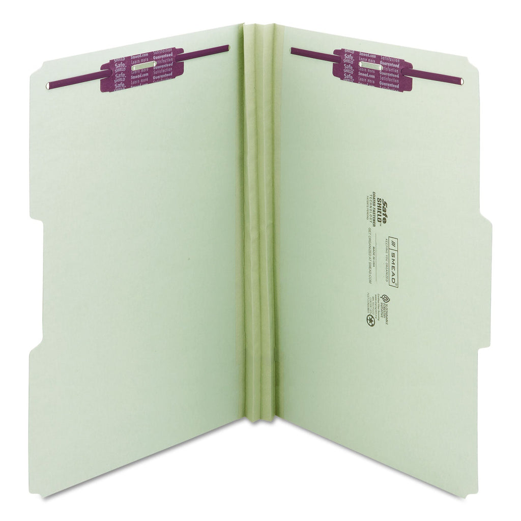 Smead Recycled Pressboard Folders with Two SafeSHIELD Coated Fasteners, 2" Expansion, 1/3-Cut Tabs, Legal Size, Gray-Green, 25/Box