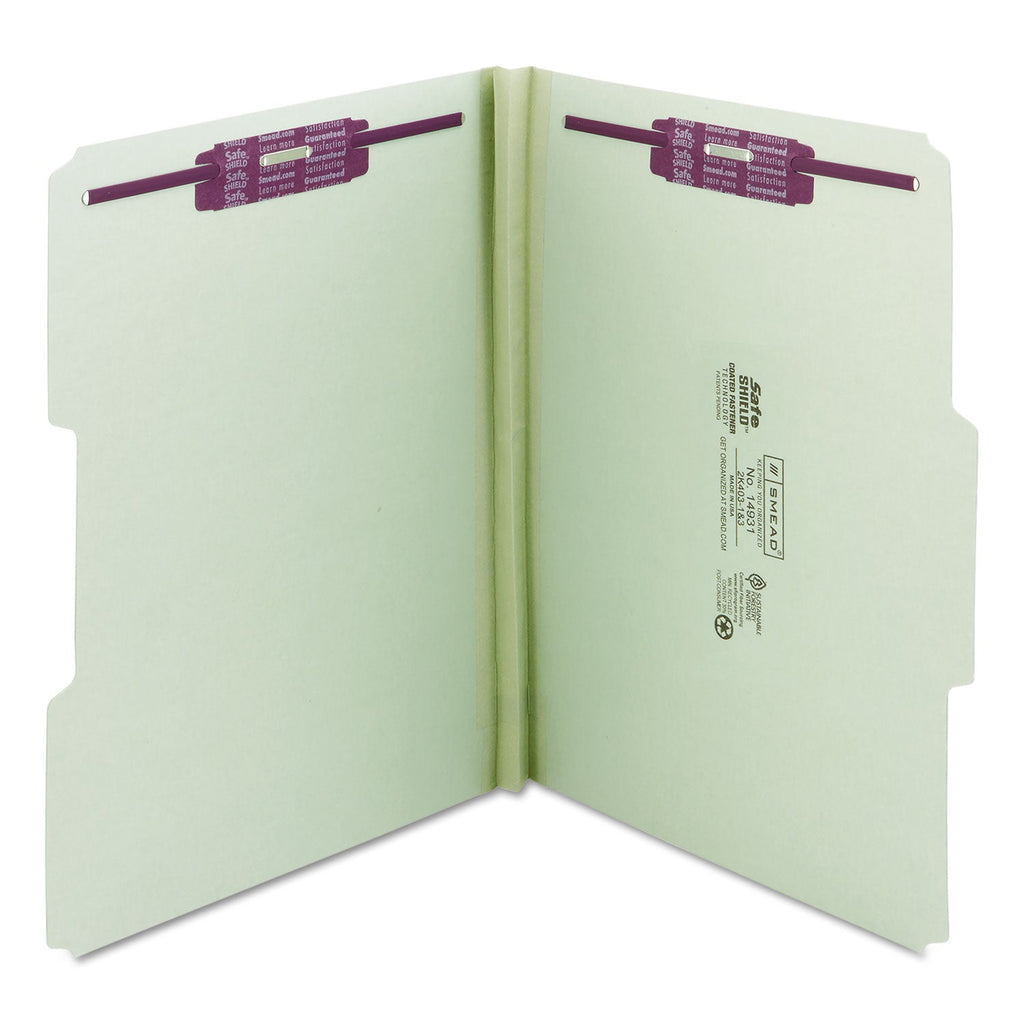 Smead Recycled Pressboard Folders with Two SafeSHIELD Coated Fasteners, 1" Expansion, 1/3-Cut Tab, Letter Size, Gray-Green, 25/Box