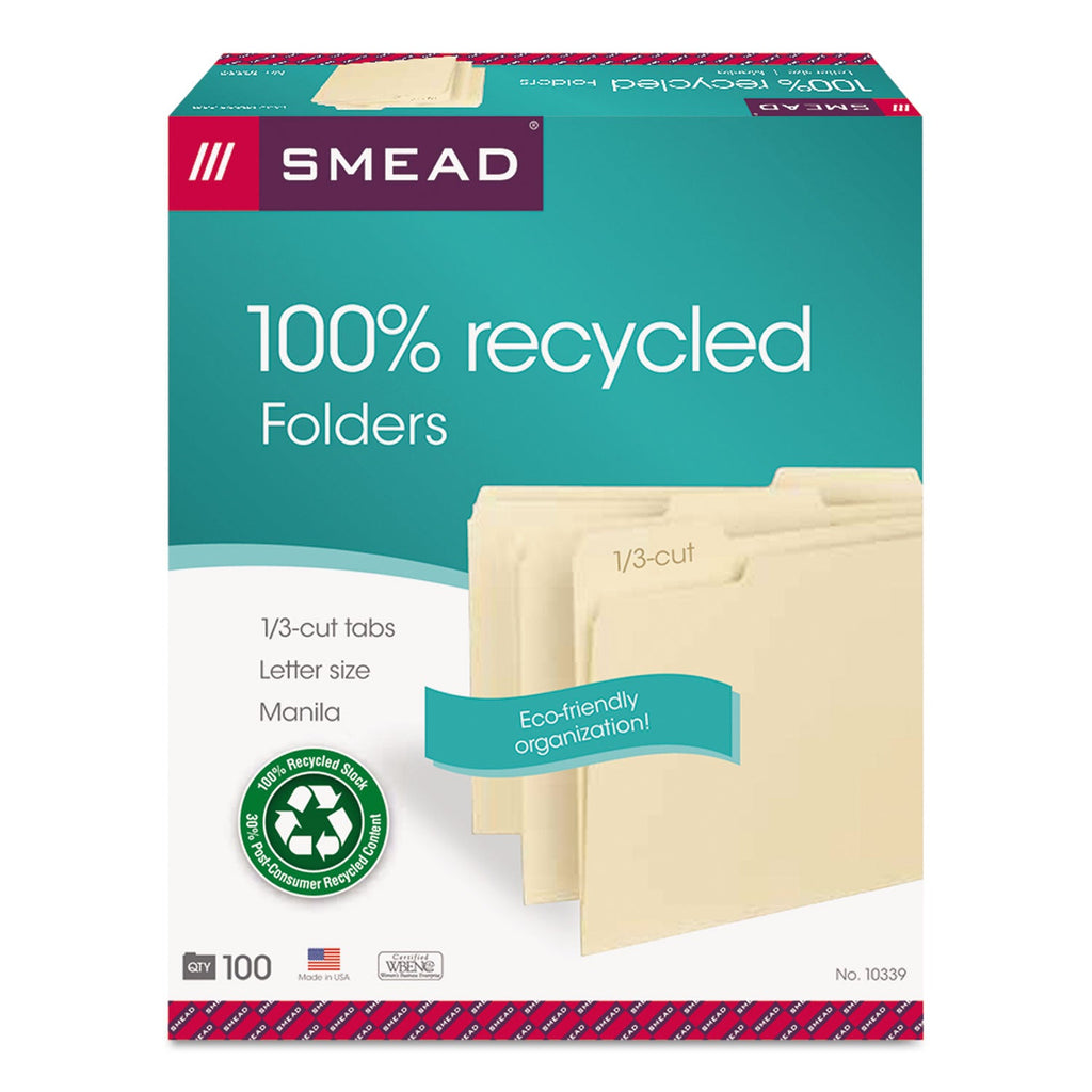 Smead 100% Recycled Manila Top Tab File Folders, 1/3-Cut Tabs: Assorted, Letter Size, 0.75" Expansion, Manila, 100/Box