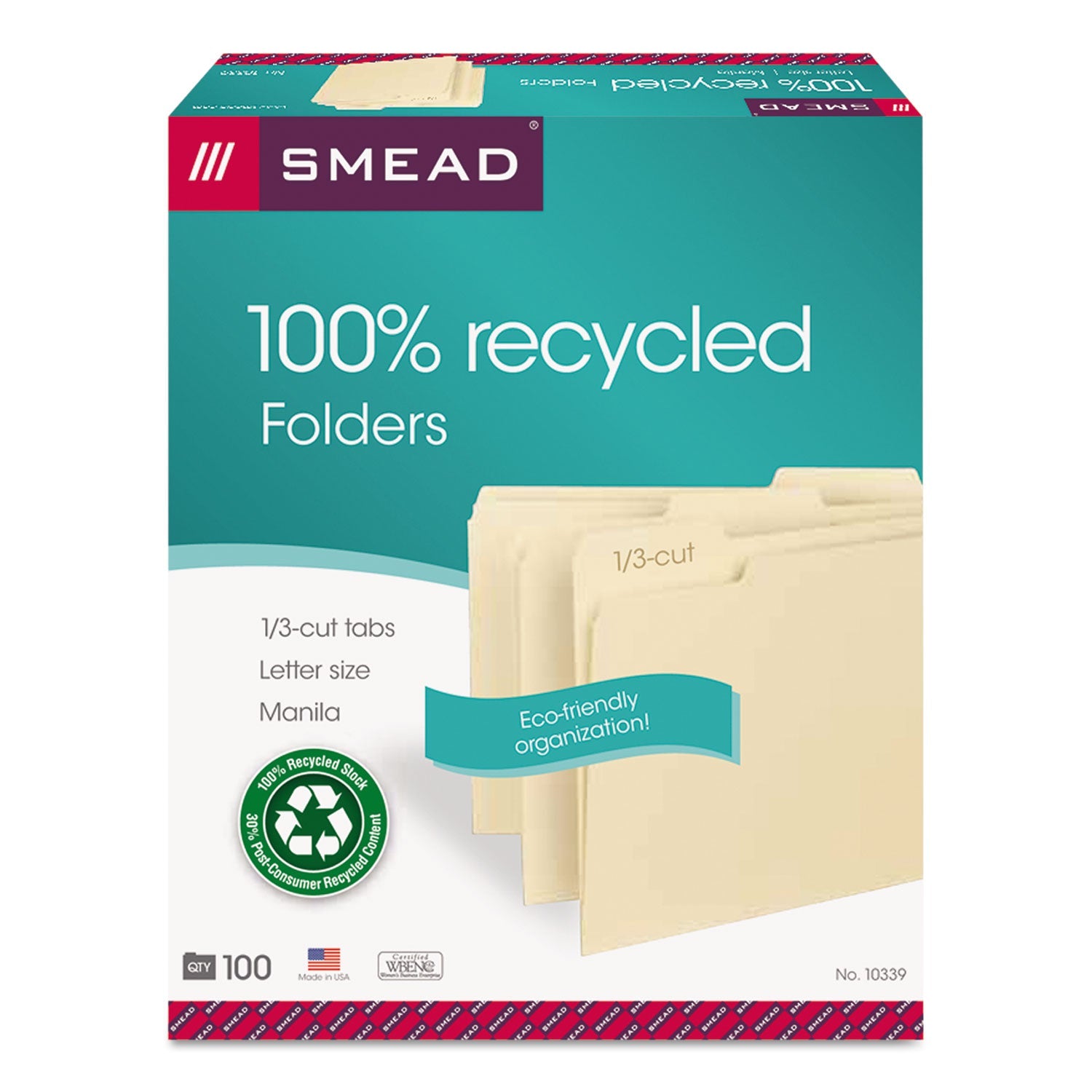 Smead 100% Recycled Manila Top Tab File Folders, 1/3-Cut Tabs: Assorted, Letter Size, 0.75" Expansion, Manila, 100/Box