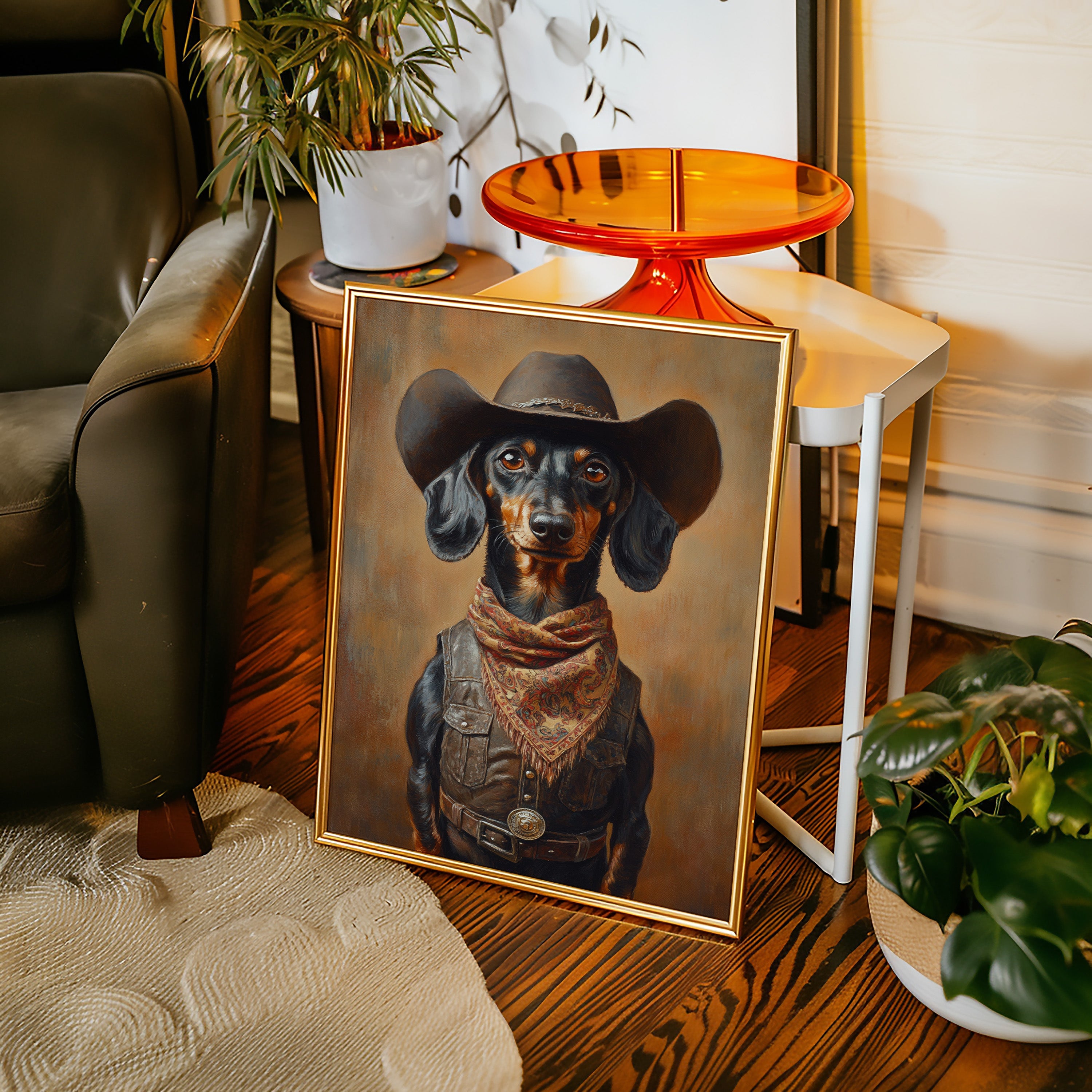 Cowboy Dachshund in Leather and Lace