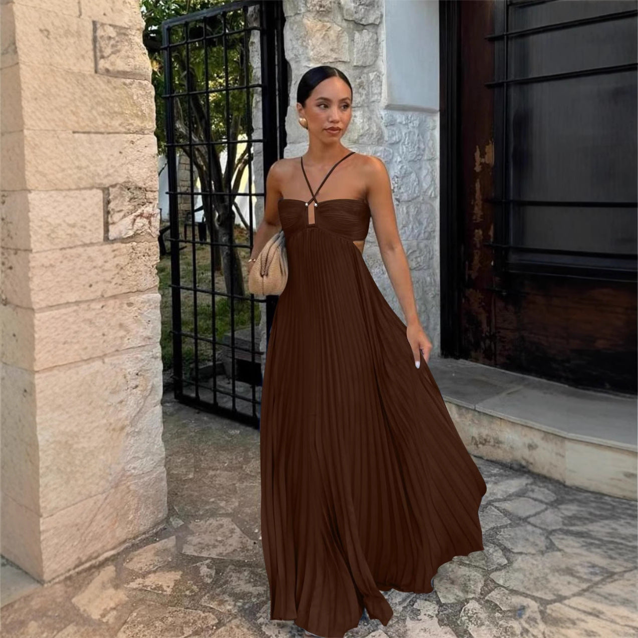 Women's Pleated Halter Maxi Dress — High Waist, 12 Colors, XS–XL