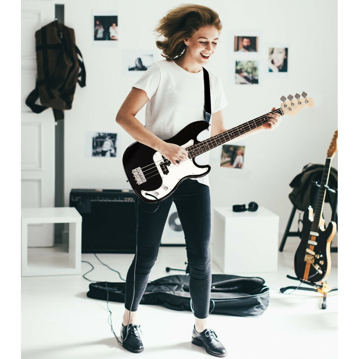 Electric Bass Guitar Full Size 4 String  Strap Guitar-Black