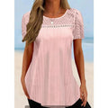Women's Lace Patchwork Round Neck Pullover Top – Pink, Light Blue & White