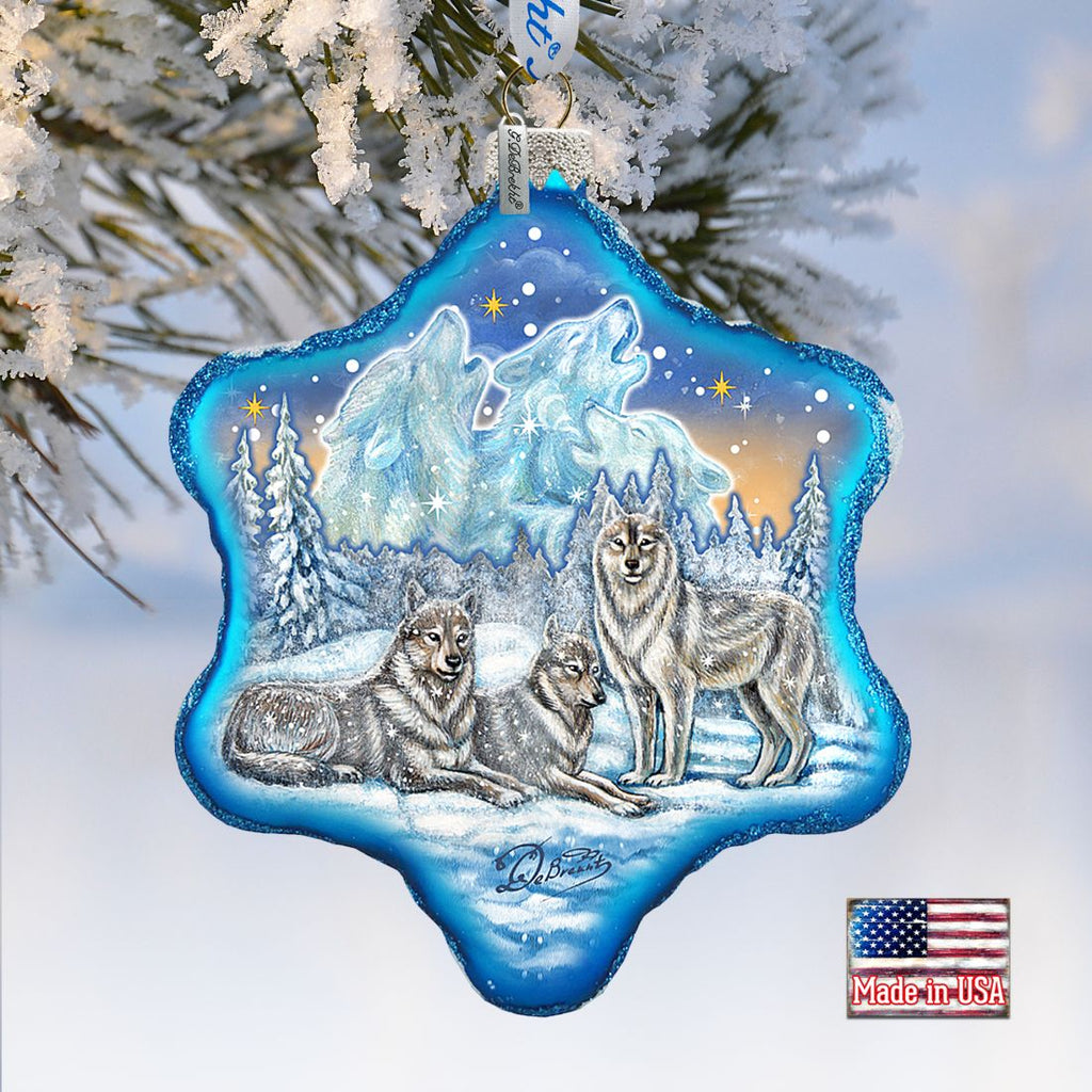 Winter Wolves Snowflake Glass Ornament by G. DeBrekht - Wildlife Holiday Decor - 754-012