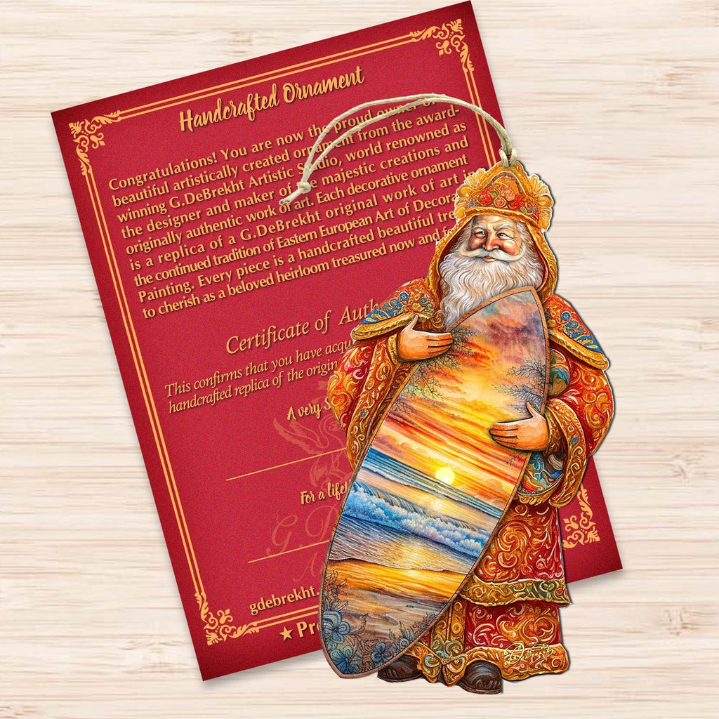 Santa's Tropical Surf Ride Wooden Ornaments by G. Debrekht - Christmas Santa Snowman Decor - 8691413